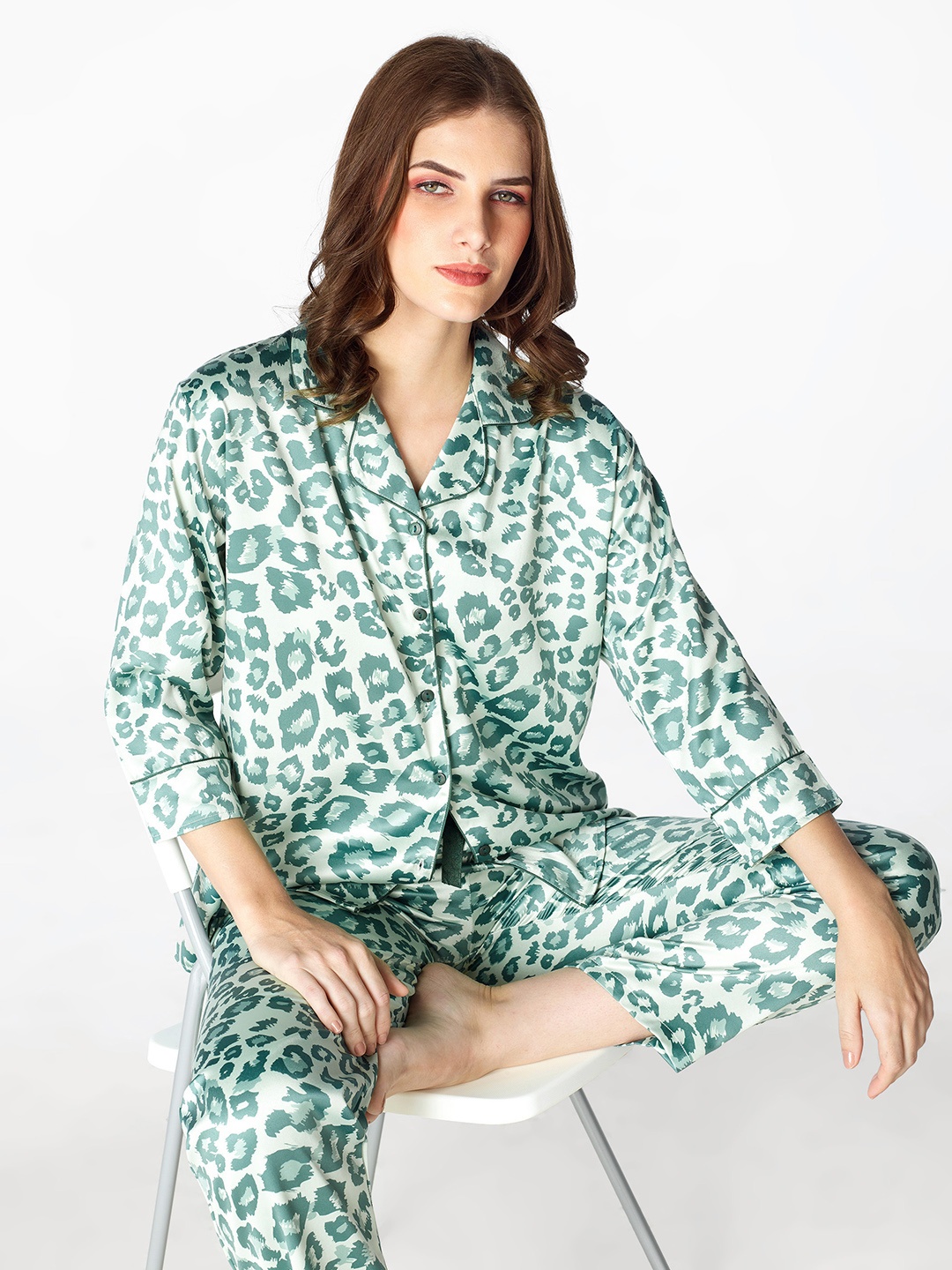 

Zeyo Women Animal Printed Satin Night Suit, Green