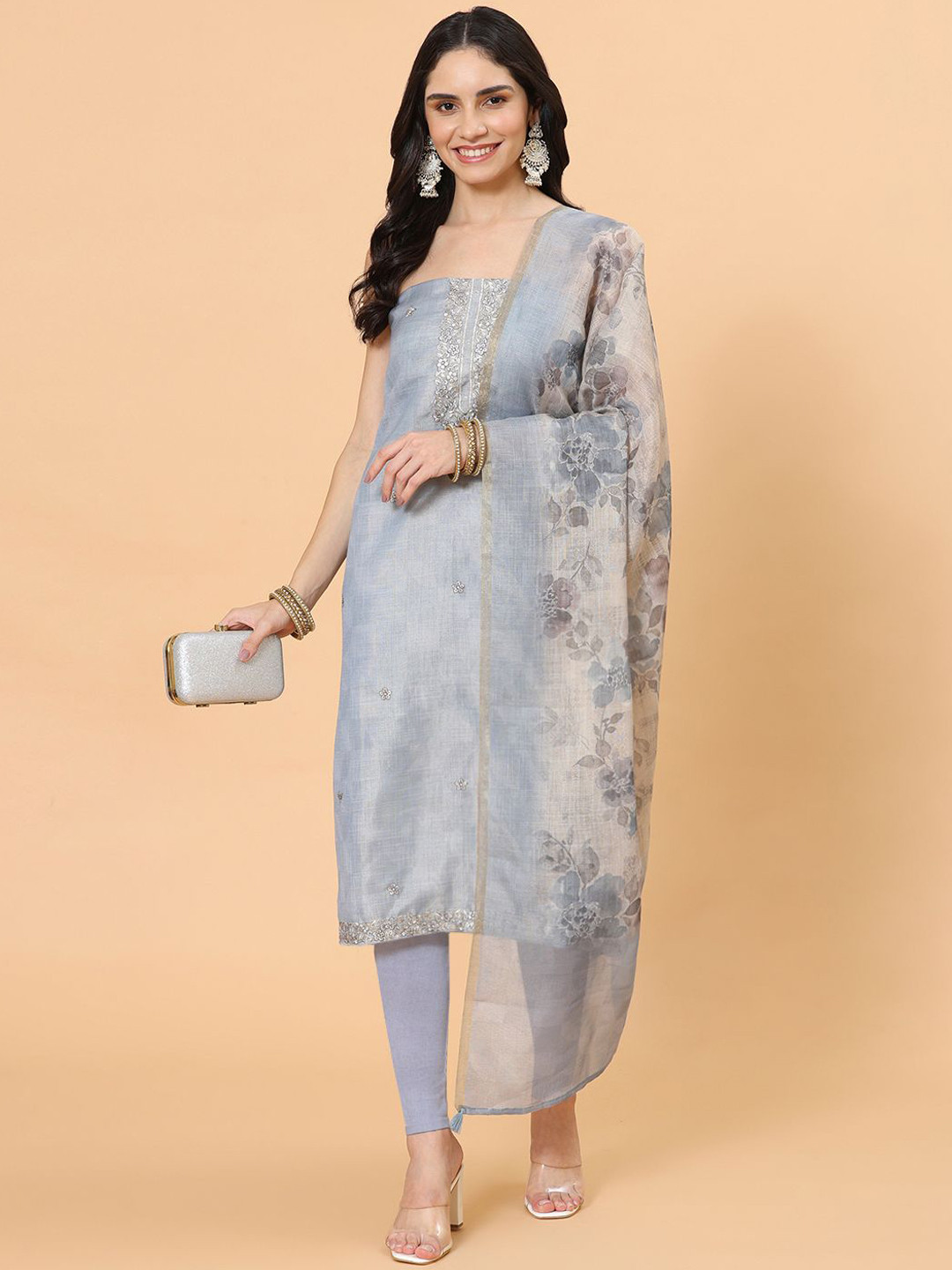 

Meena Bazaar Floral Printed Unstitched Dress Material, Grey
