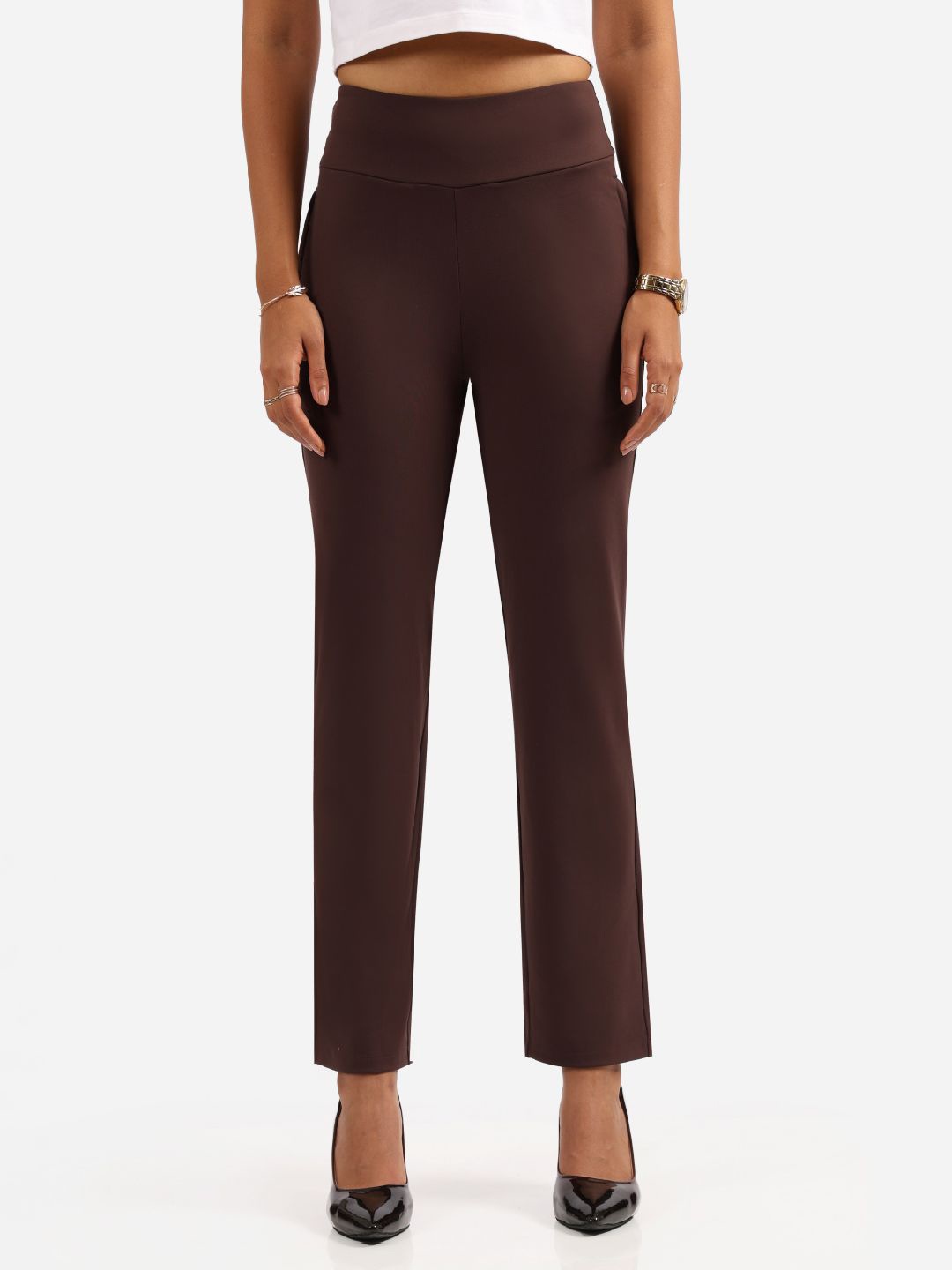 

Blissclub Women Tailored Straight Fit High-Rise Trouser, Brown