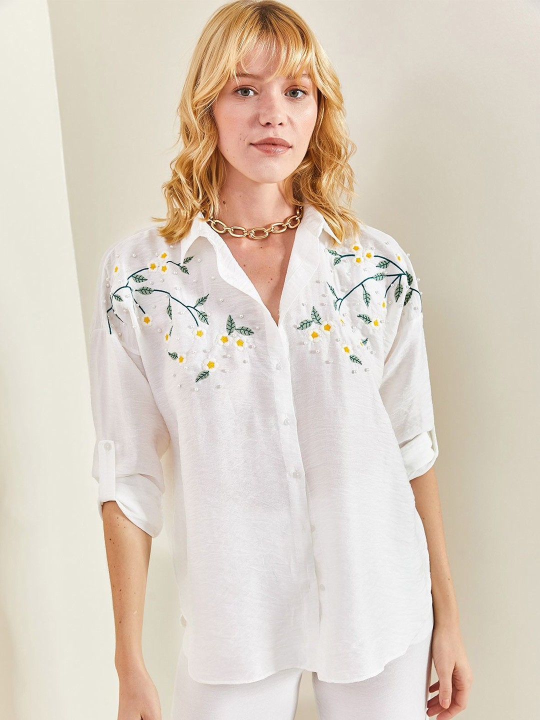 

BIANCO LUCCI Women Spread Collar Floral Printed Casual Shirt, White