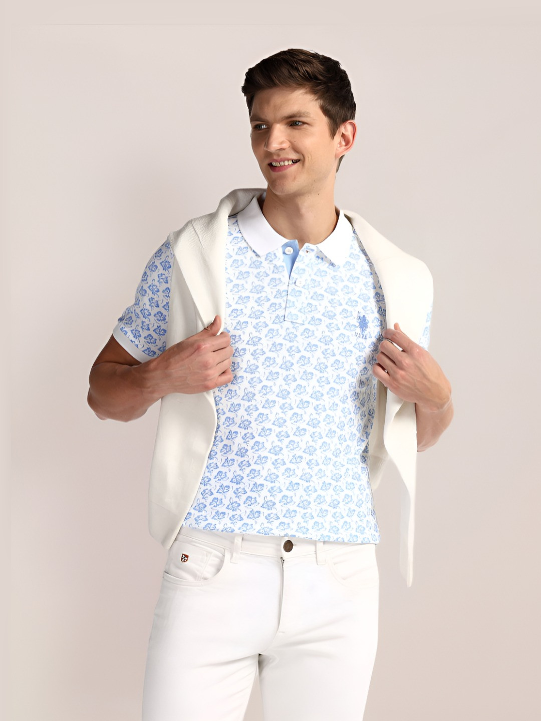 

U.S. Polo Assn. Men Conversational Printed Polo Collar Cotton Slim Fit T-Shirt, White