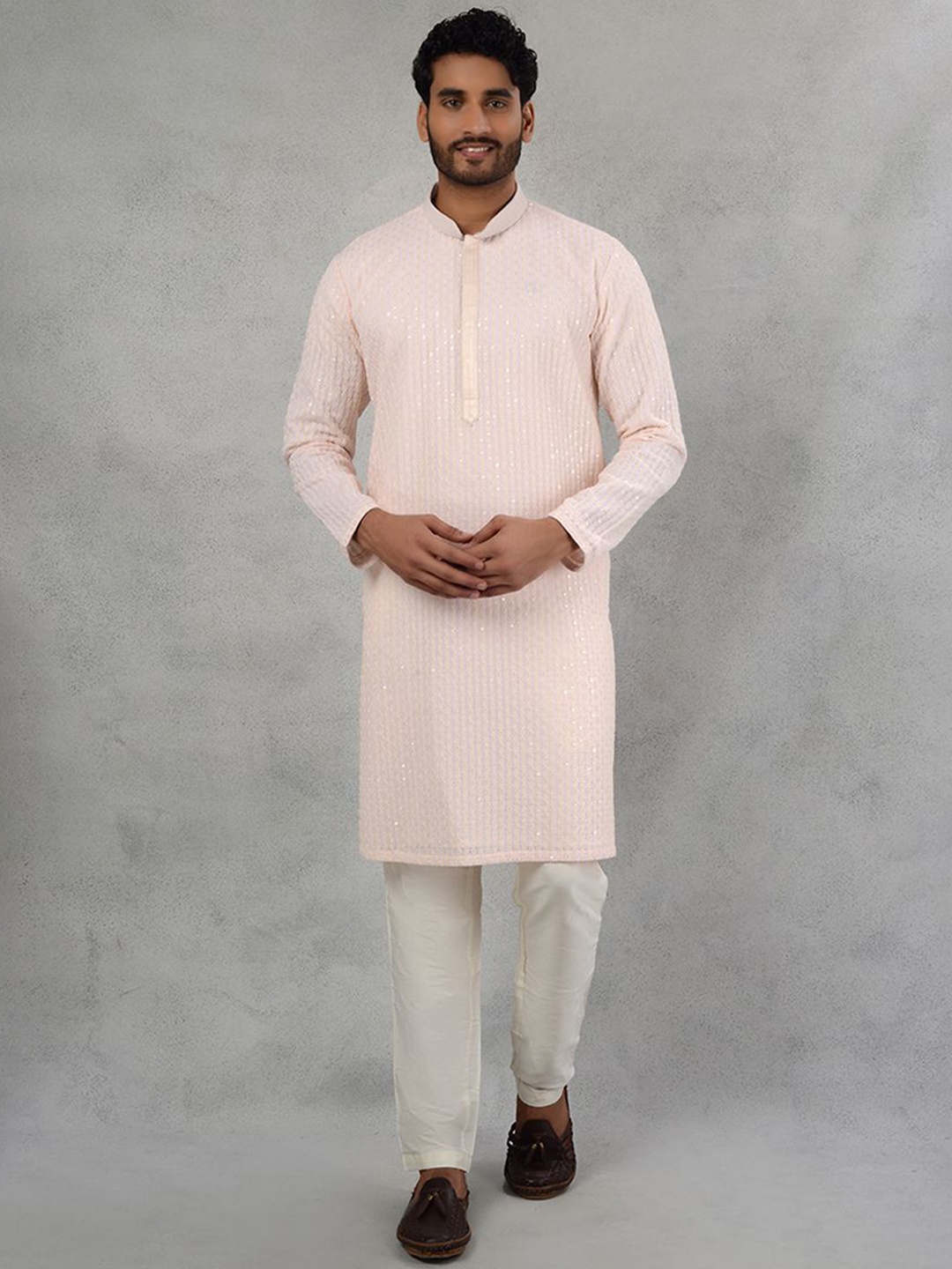 

azania Floral Embroidered Sequinned Mandarin Collar Straight Kurta with Pyjamas, Pink