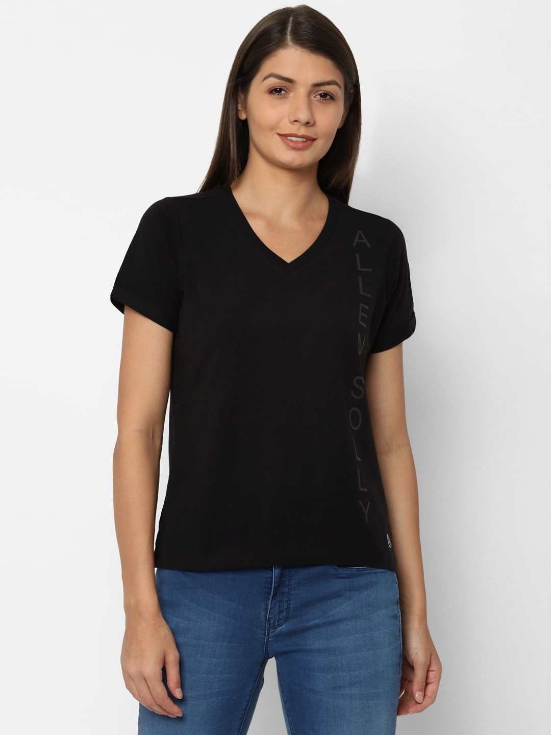 

Allen Solly Woman Women Solid V-Neck Cotton T-Shirt, Black