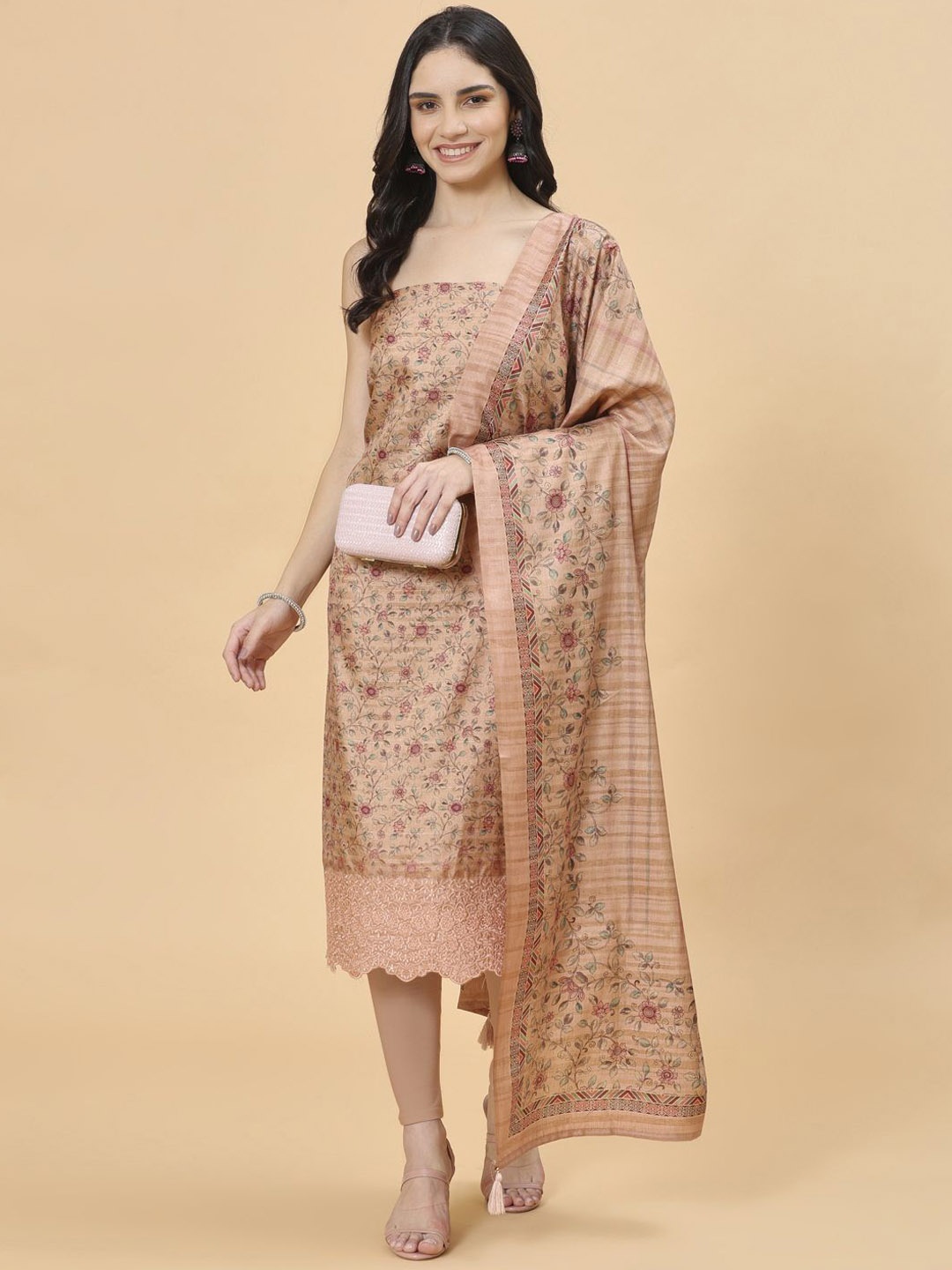 

Meena Bazaar Floral Printed Unstitched Dress Material, Peach