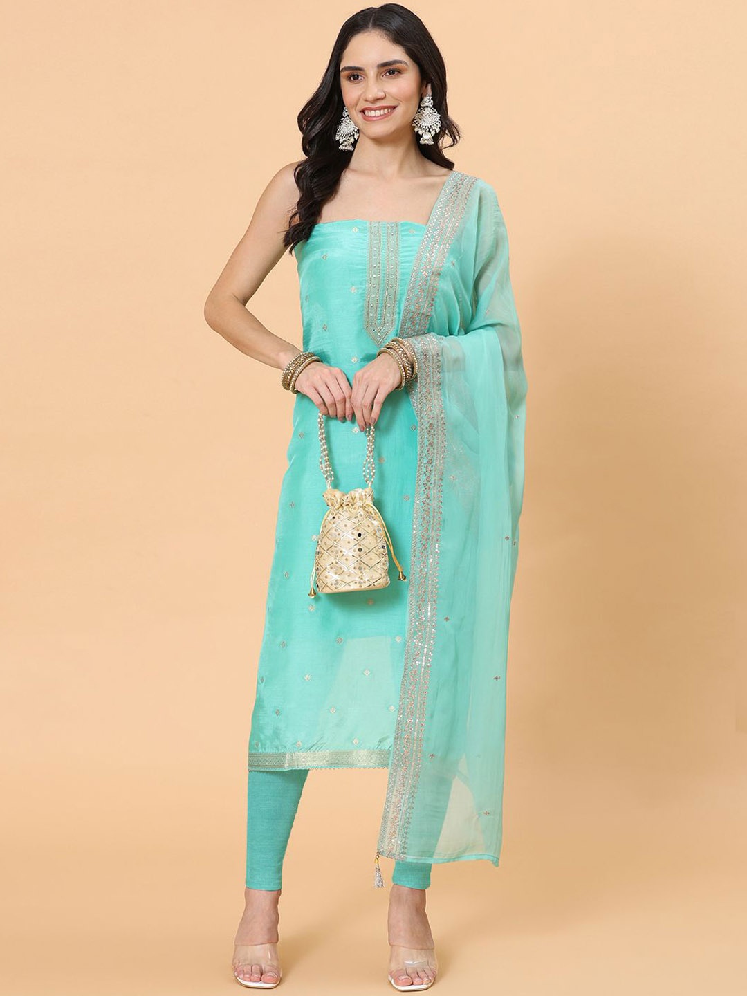 

Meena Bazaar Floral Mirror Work Art Silk Unstitched Dress Material, Blue
