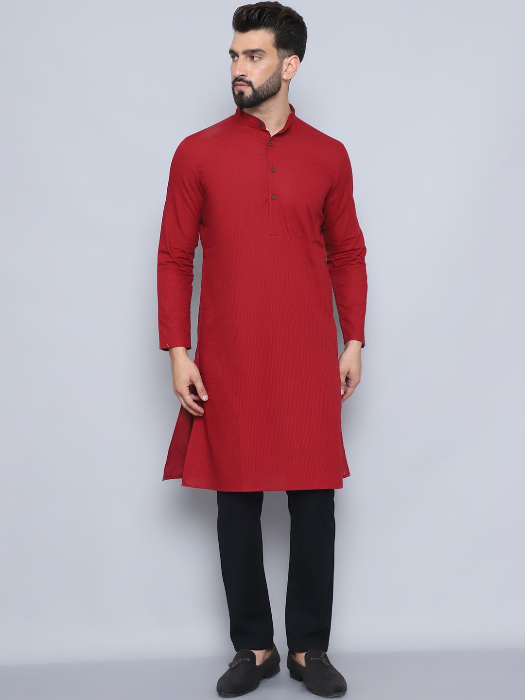 

even Striped Band Collar Pure Cotton Straight Kurta, Maroon