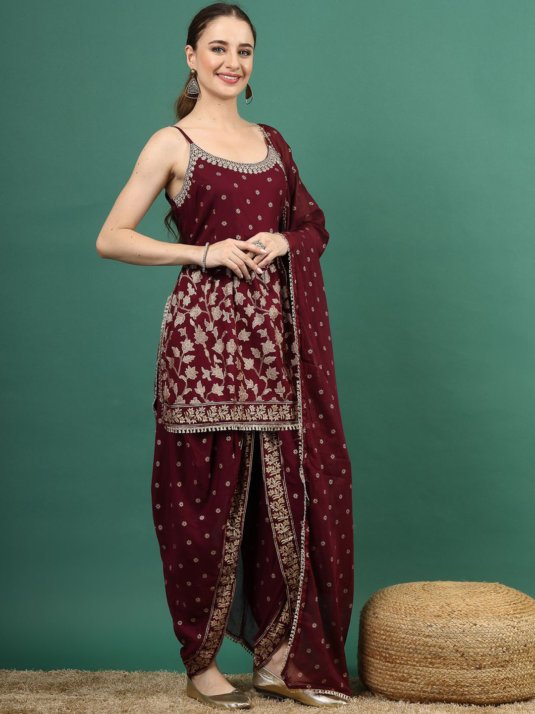

Ramas Floral Embroidered A-Line Kurta with Dhoti Pants & With Dupatta, Burgundy