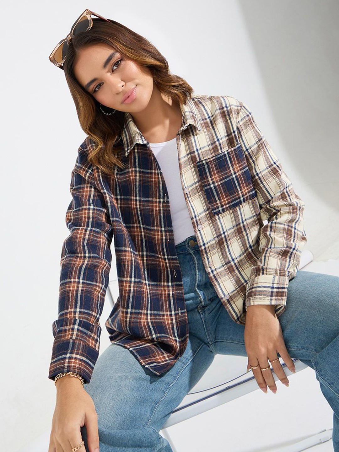 

Styli Women Contrast Checked Print Oversized Shirt, Brown