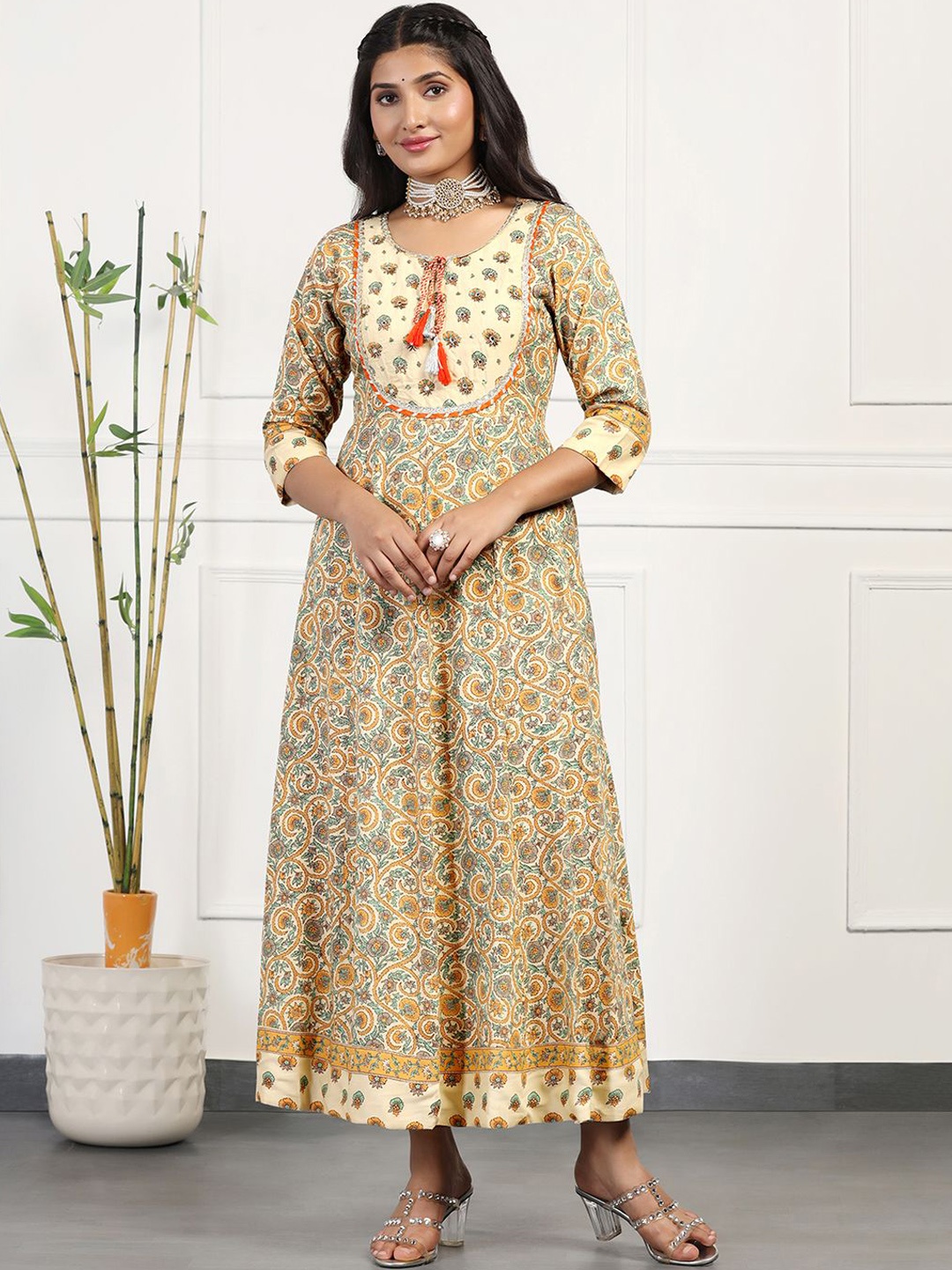 

BAESD Floral Printed Tie-Up Neck Cotton Anarkali Kurta, Beige
