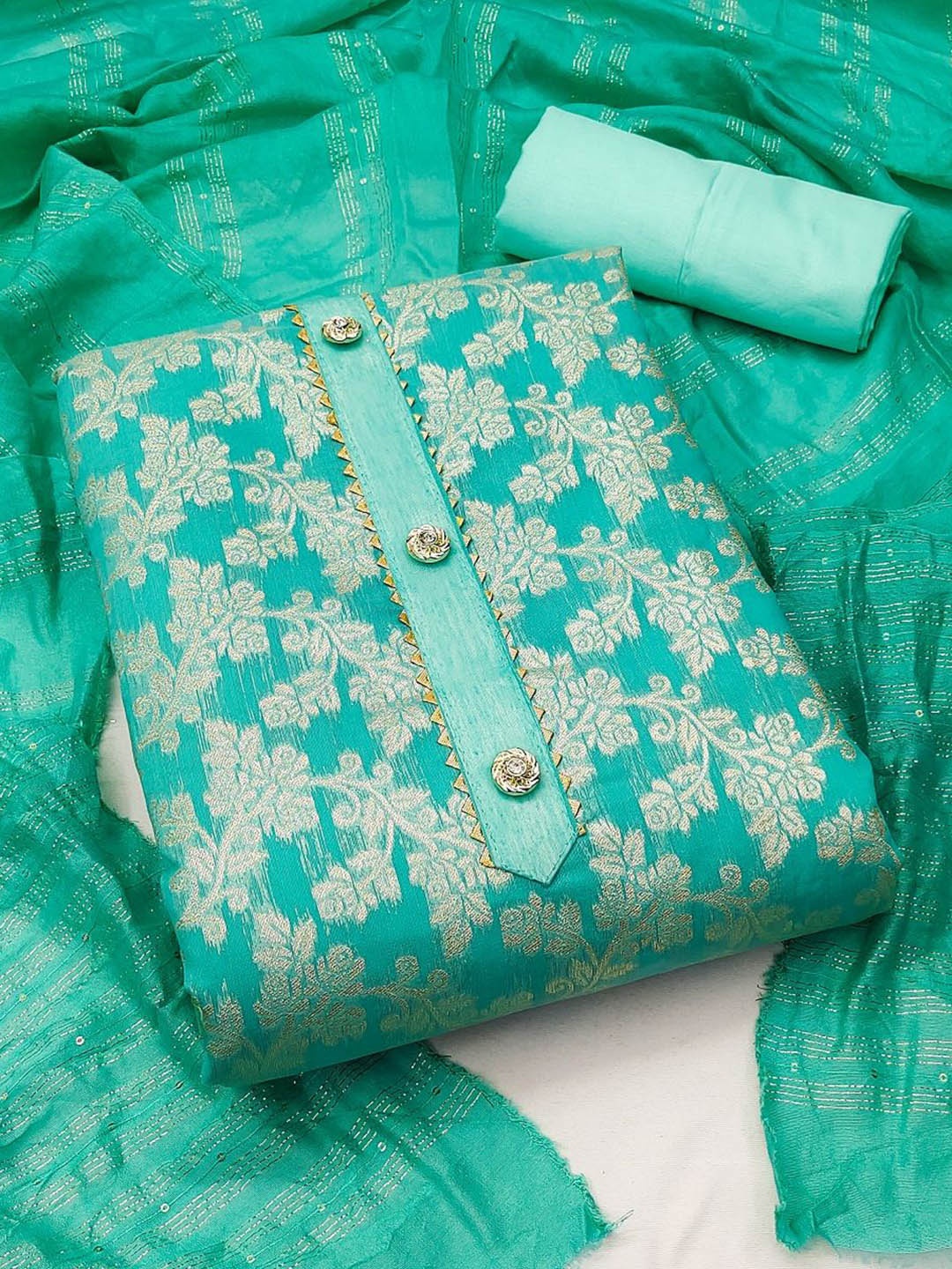 

APNISHA Floral Embellished Gotta Patti Unstitched Dress Material, Teal