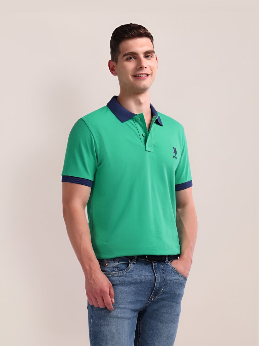 

U.S. Polo Assn. Men Solid Polo Collar Cotton Slim Fit T-Shirt, Green