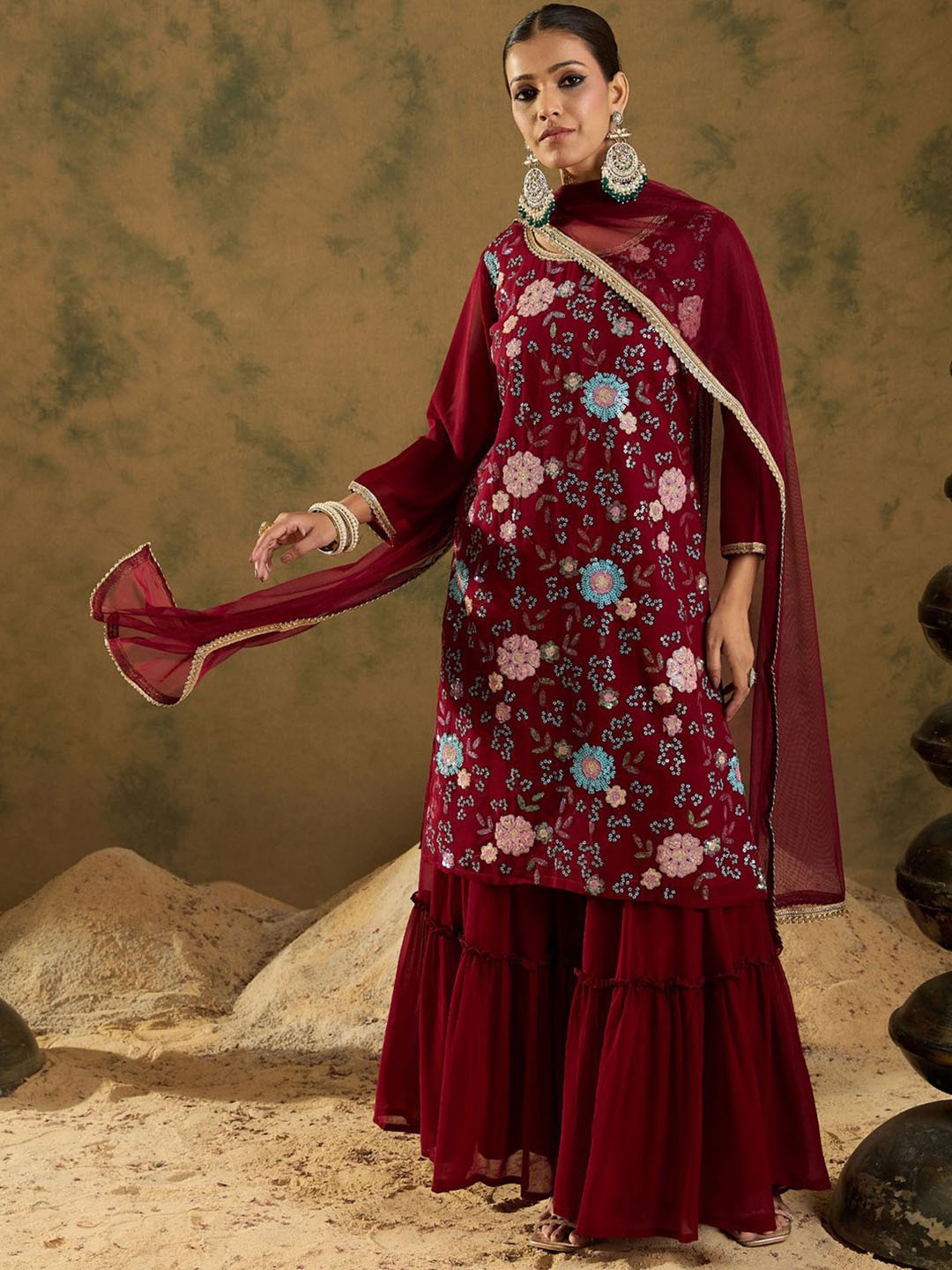 

Indo Era Floral Embroidered Sequinned Kurta with Sharara & Dupatta, Maroon
