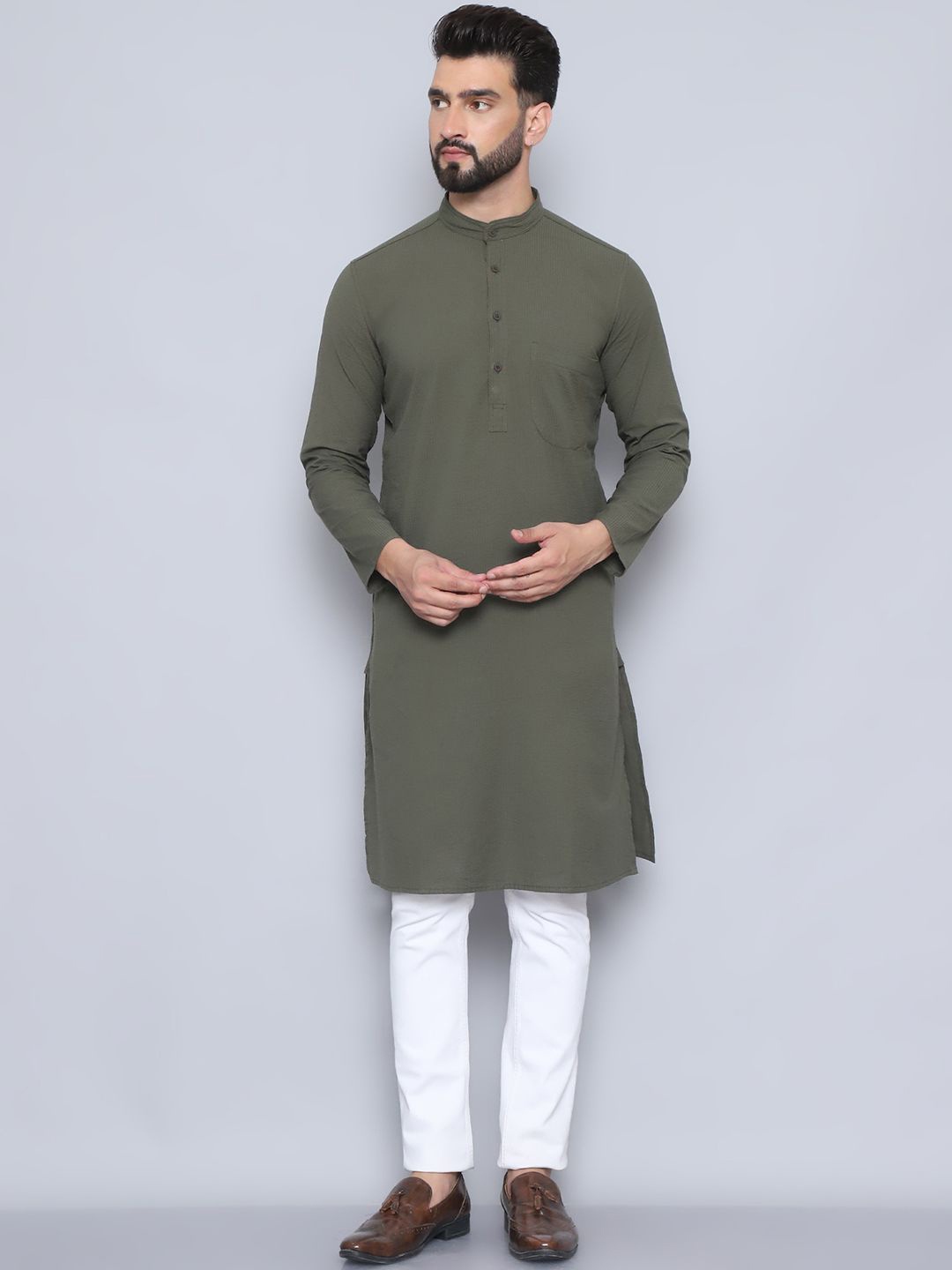 

even Band Collar Pure Cotton Straight Kurta, Olive