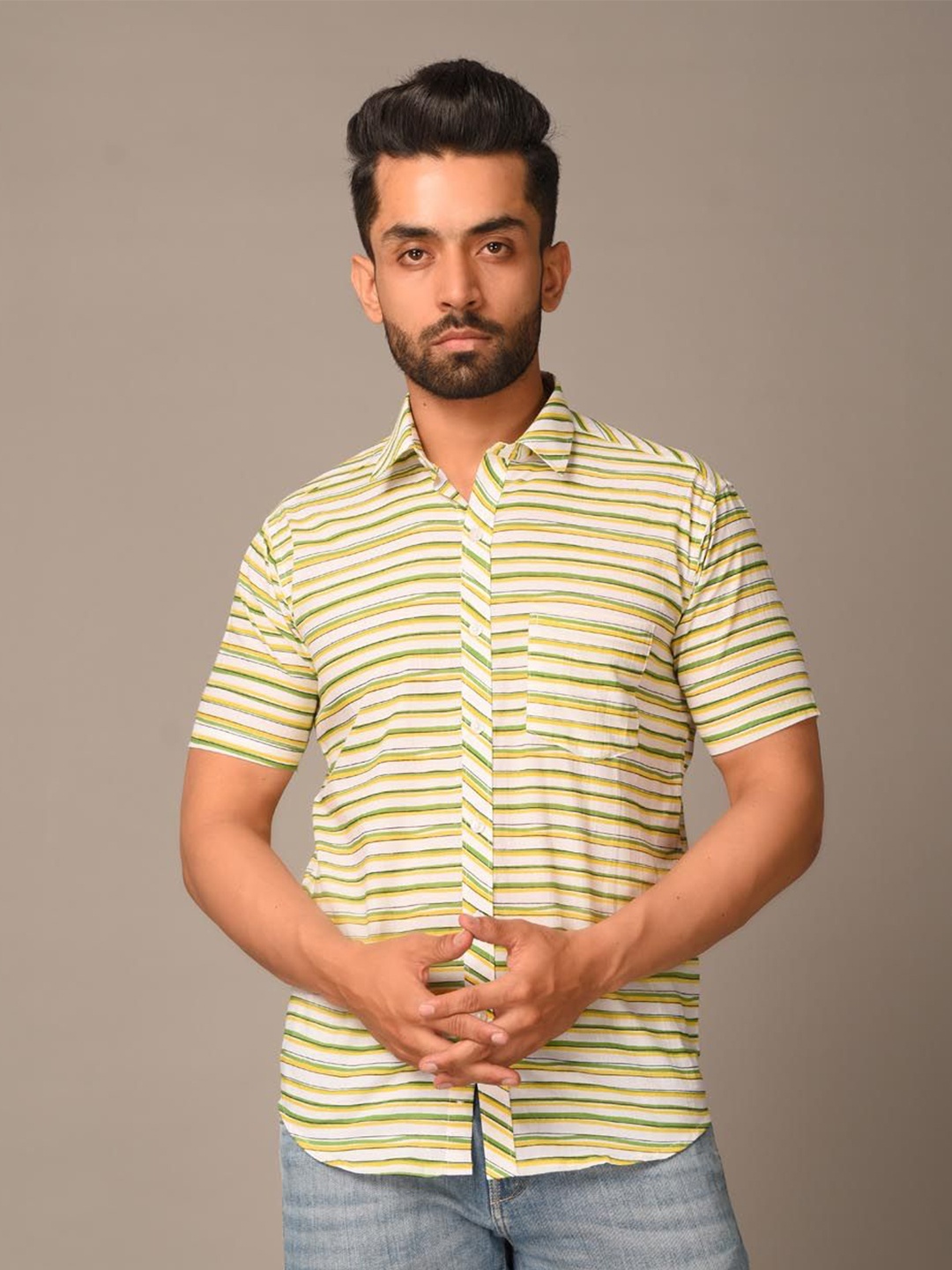 

Tistabene Men Standard Spread Collar Striped Cotton Casual Shirt, Green