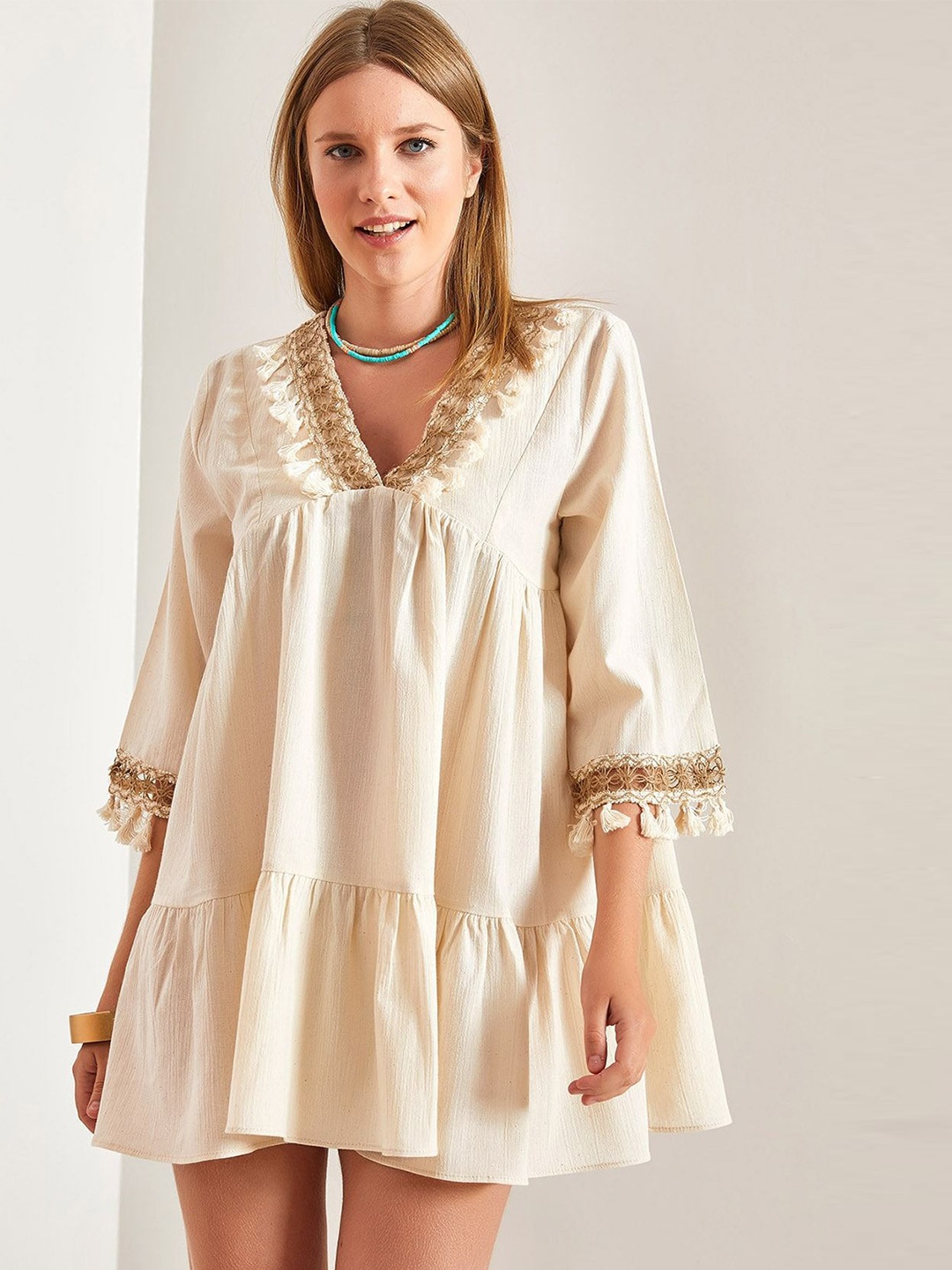 

BIANCO LUCCI V-Neck Flared Sleeve A-Line Mini Dress, Beige