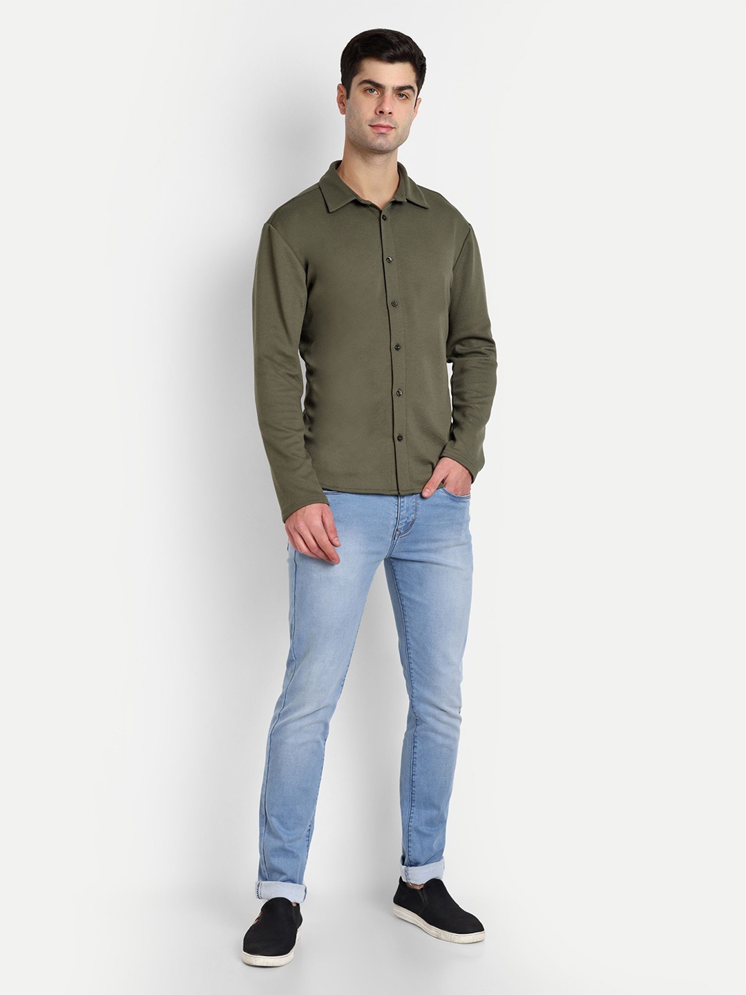 

PANDORNA Men Straight Spread Collar Solid Casual Shirt, Green