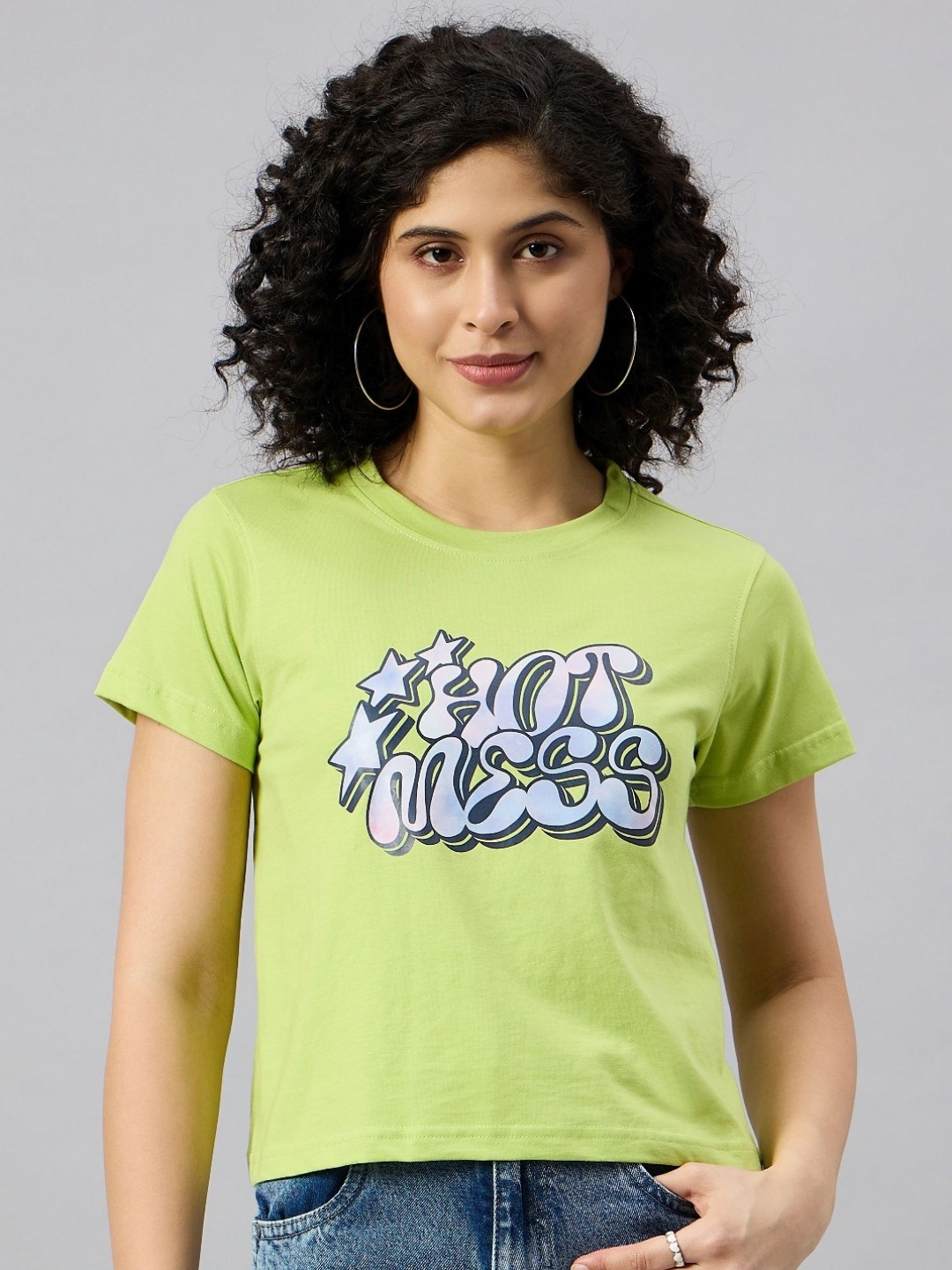 

REPRISE Women Typography Printed Round Neck Cotton T-Shirt, Green