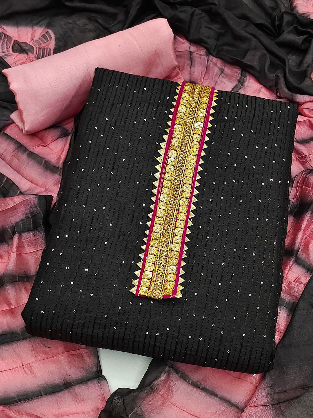 

JULEE Ethnic Motifs Embroidered Sequinned Unstitched Dress Material, Black