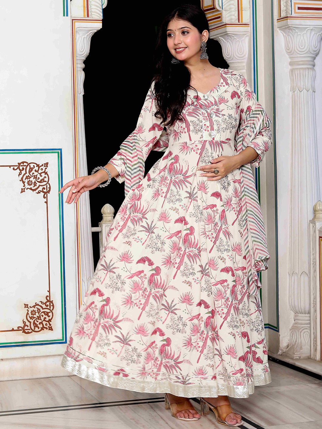 

MIRAVAN Floral Printed V-Neck Gotta Patti Cotton Anarkali Kurta With Dupatta, Pink