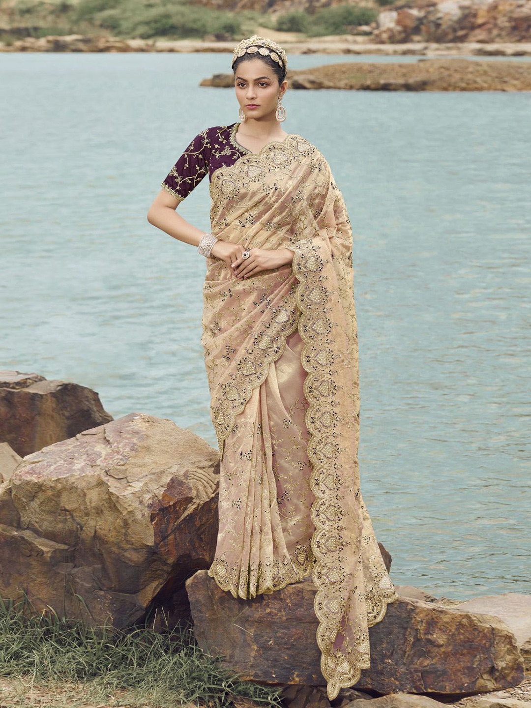 

ODETTE Floral Embroidered Beads and Stones Net Saree, Cream