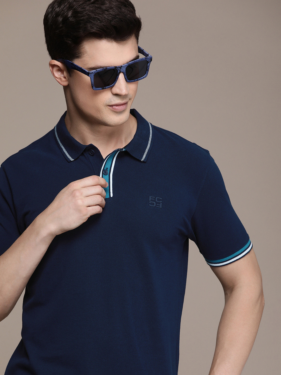 

French Connection Polo Collar Pure Cotton T-shirt, Navy blue