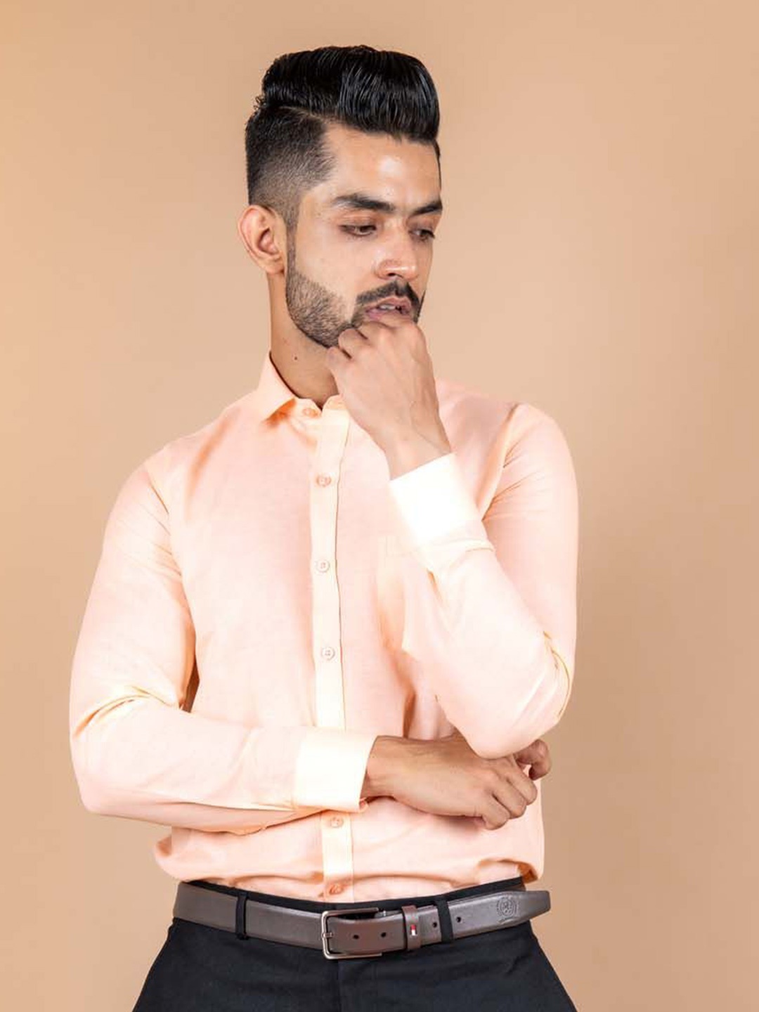 

Tistabene Men Standard Spread Collar Solid Cotton Formal Shirt, Peach