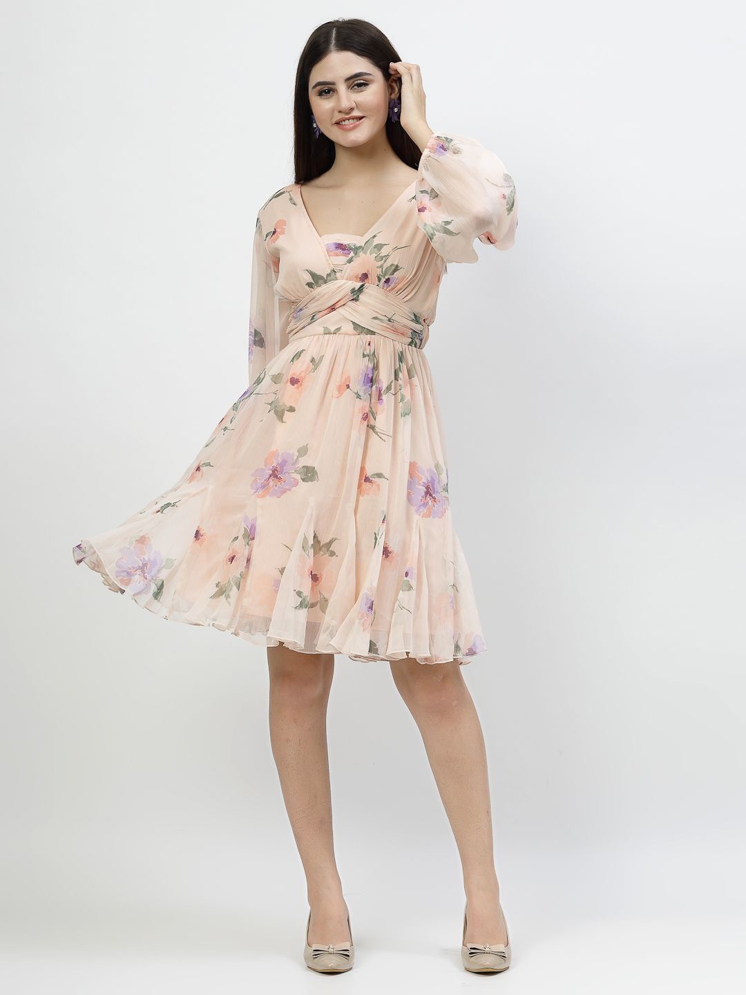 

COSMIC TRIO Floral Print Bishop Sleeve Chiffon Fit & Flare Dress, Peach