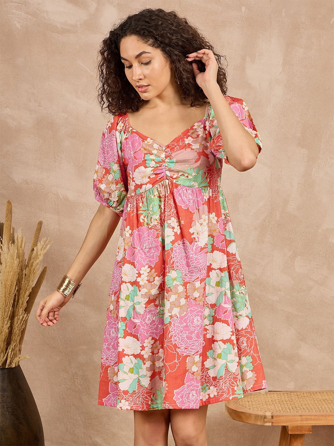 

all about you Floral Printed Cotton Puff Sleeve Fit & Flare Mini Dress, Orange