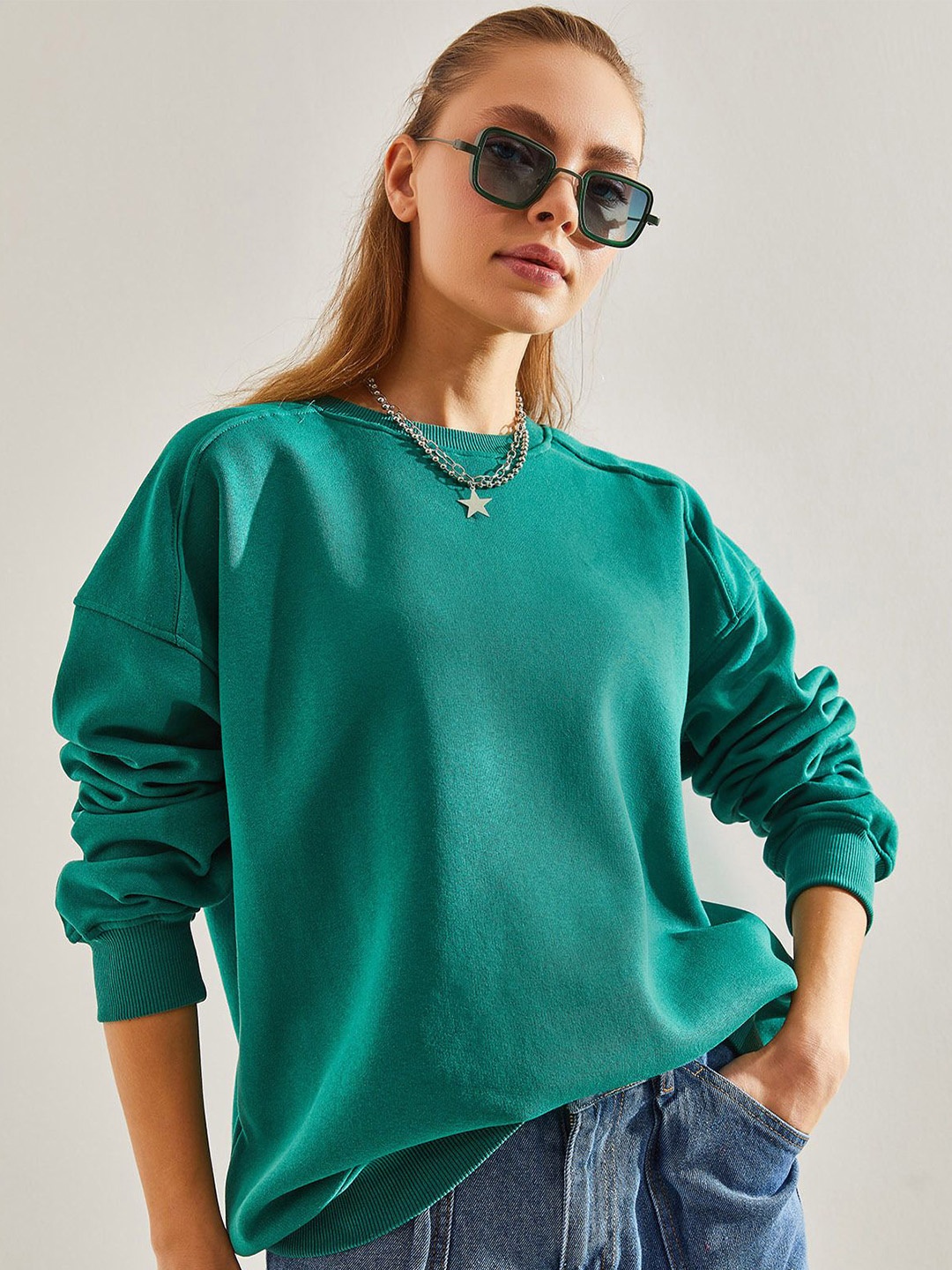 

BIANCO LUCCI Women Solid Pure Cotton Sweatshirt, Teal