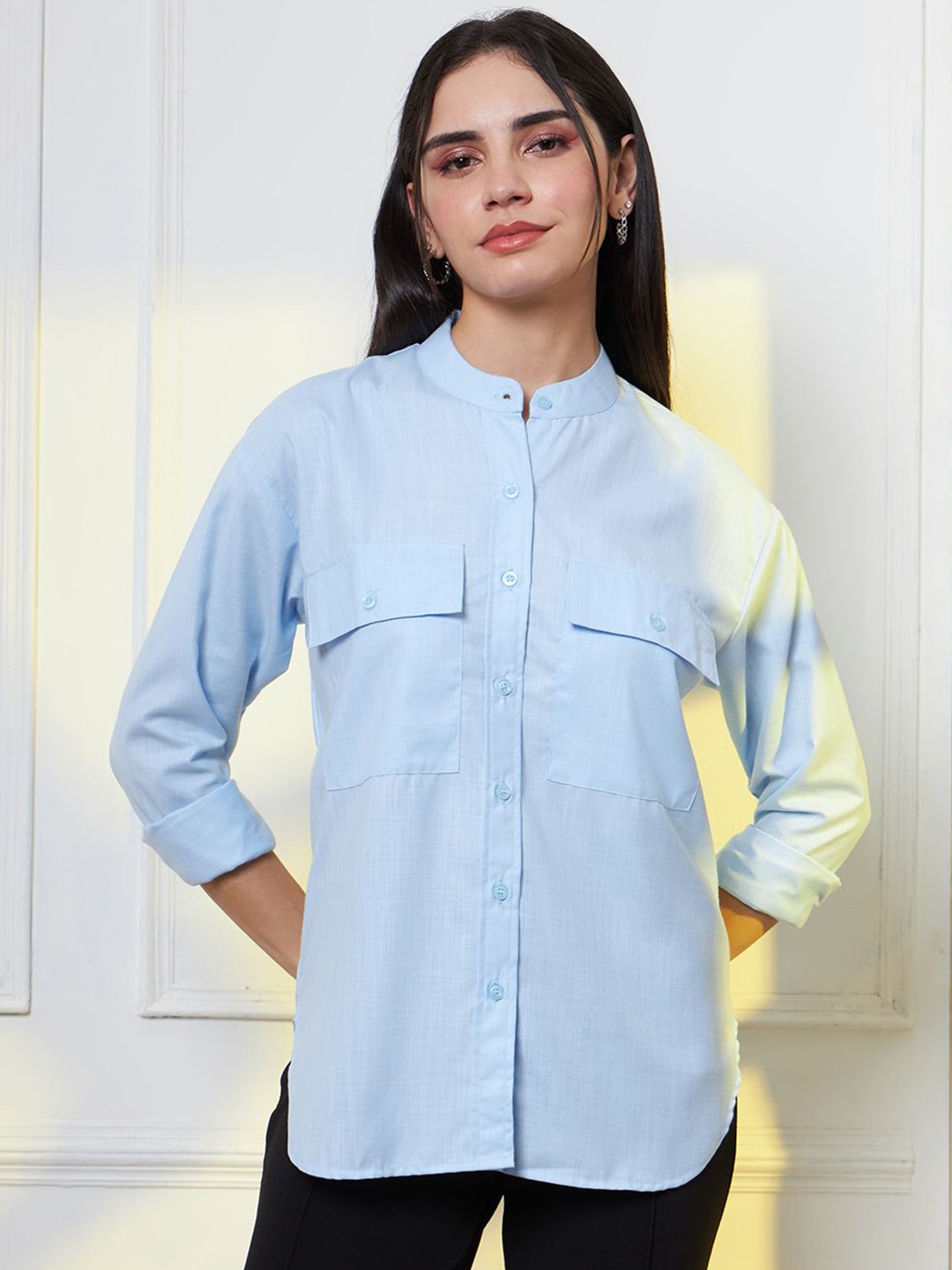 

FITHUB Women Band Collar Solid Cotton Oversized Casual Shirt, Blue