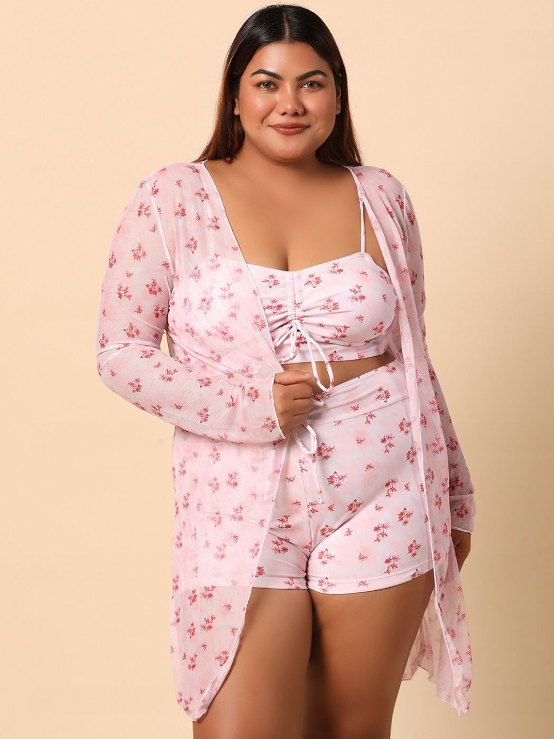 

WomanLikeU Floral Printed Tankini Set With Shrug, Pink