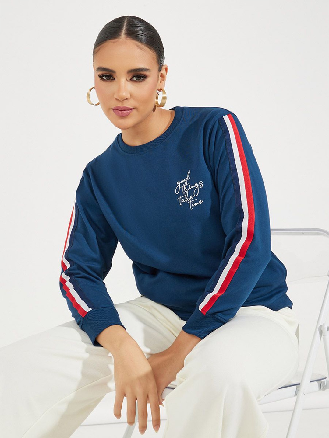 

Women Regular Length Regular Fit Sweatshirt With Sleeve Piping, Navy blue