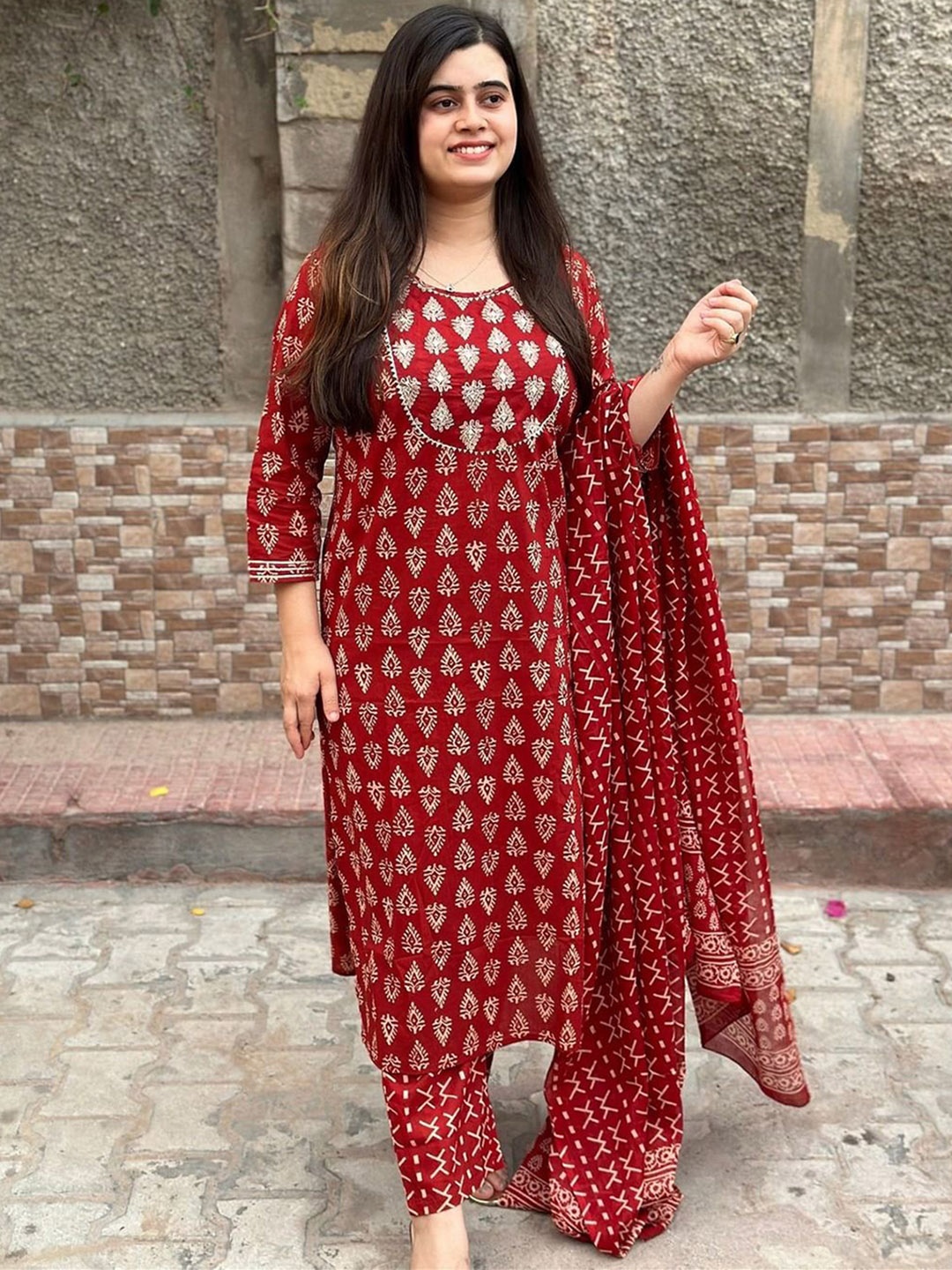 

KALINI Ethnic Motifs Printed Straight Kurta with Trousers & Dupatta, Red