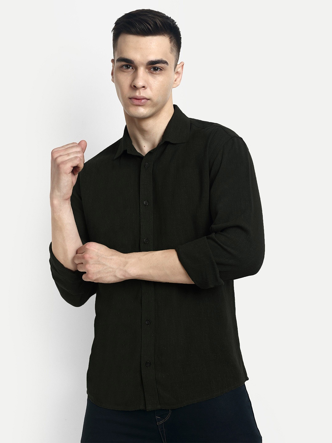 

PANDORNA Men Straight Spread Collar Solid Casual Shirt, Black