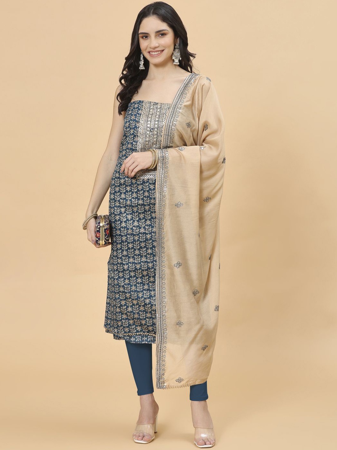 

Meena Bazaar Floral Printed Sequinned Unstitched Dress Material, Blue