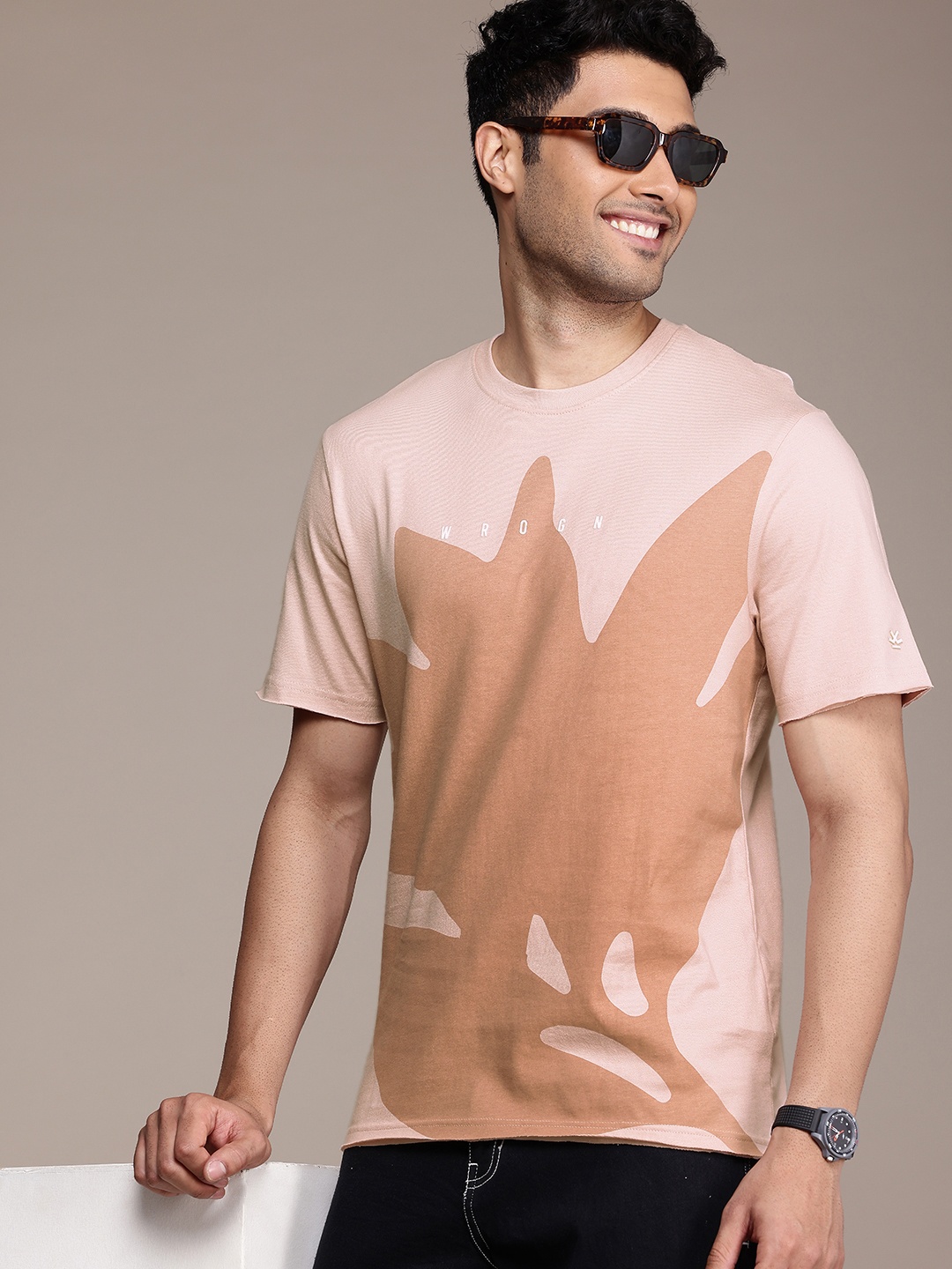 

WROGN Comfort Fit Printed Pure Cotton T-shirt, Beige
