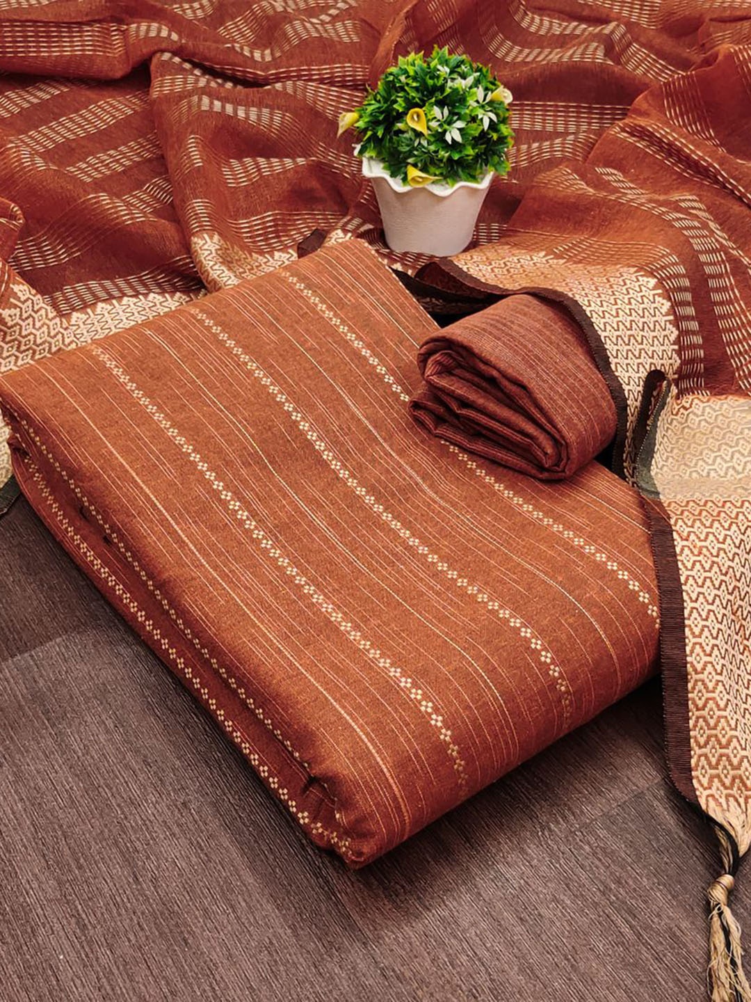 

APNISHA Ethnic Motifs Woven Design Unstitched Dress Material, Orange