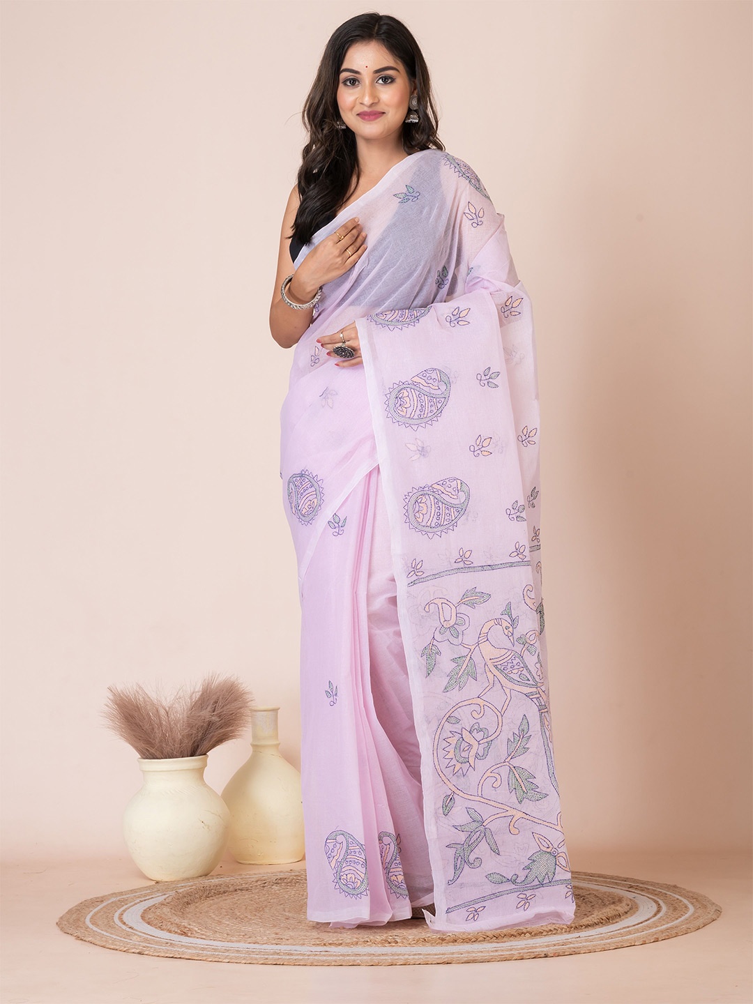 

Laa Calcutta Ethnic Motifs Embroidered Pure Cotton Saree, Pink