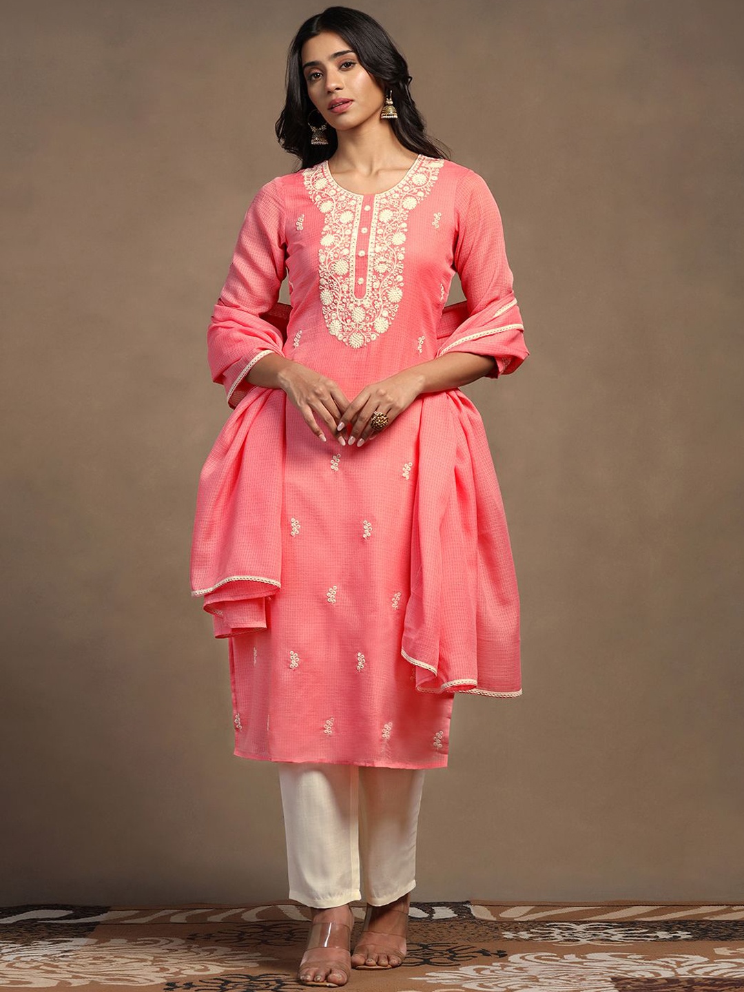 

BAESD Ethnic Motifs Embroidered Straight Kurta With Trousers & Dupatta, Pink