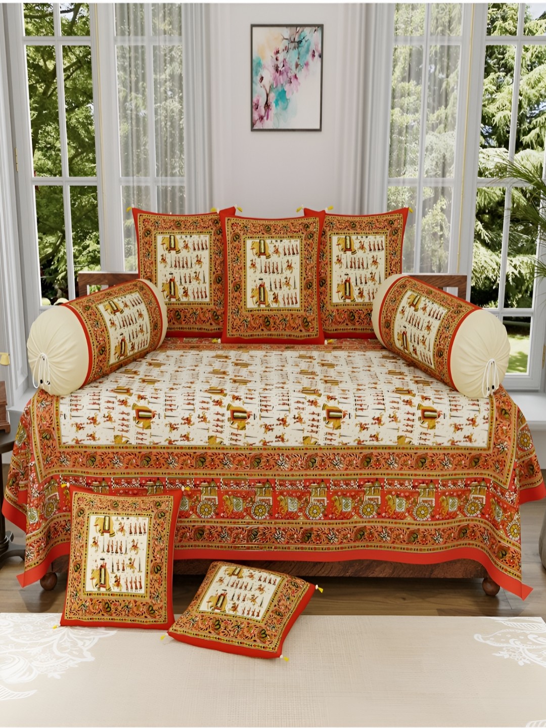 

The Craft Monk Yellow & Red 8 Pieces Printed Pure Cotton Diwan Set