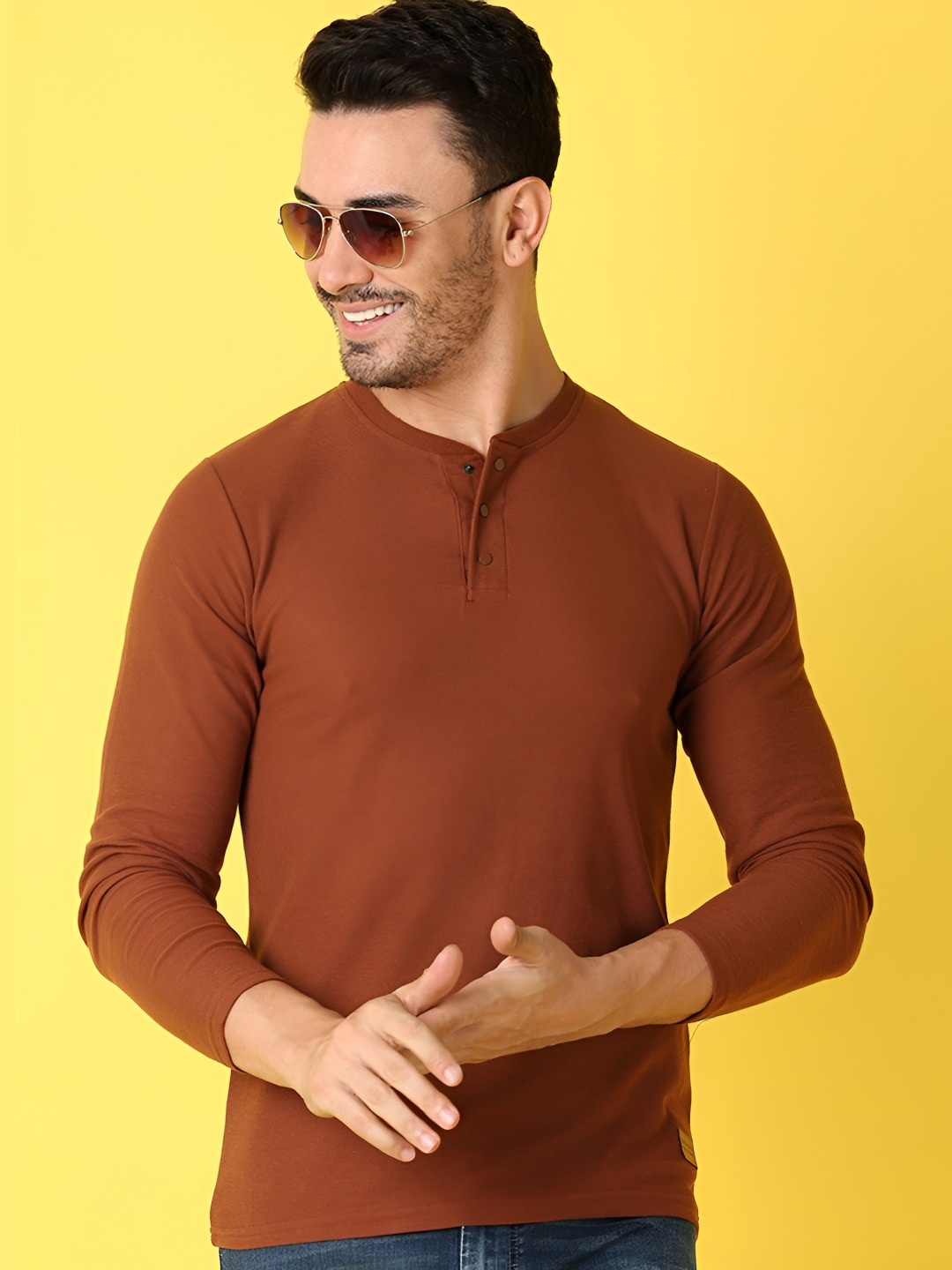 

V-Mart Men Solid Henley Neck Cotton Slim Fit T-Shirt, Brown