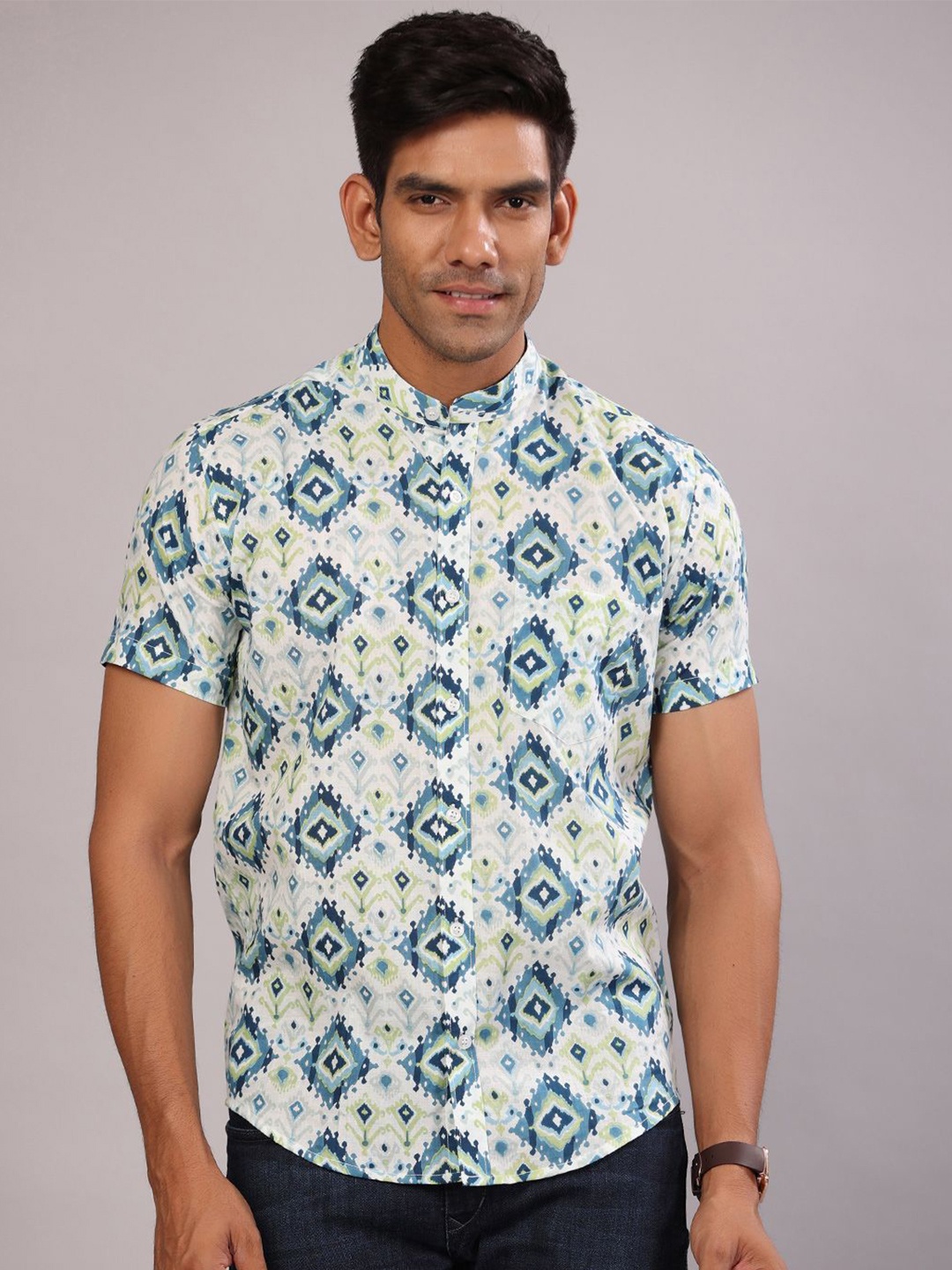 

Tistabene Men Standard Band Collar Ethnic Printed Cotton Casual Shirt, Blue