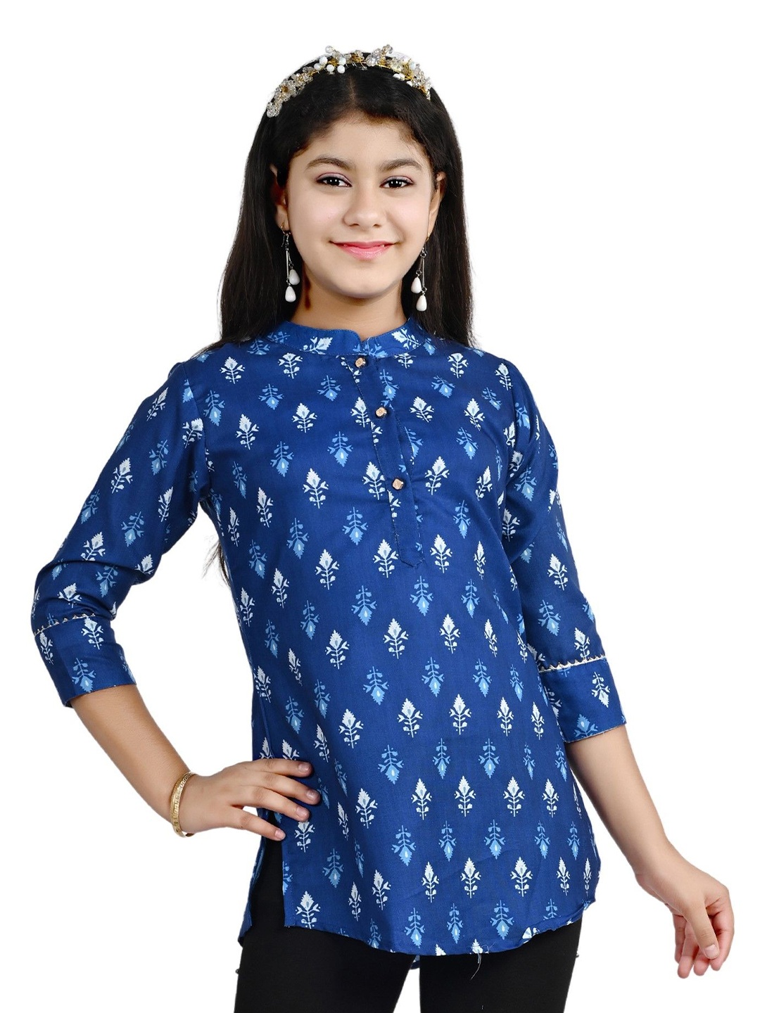 

Arshia Fashions Print Mandarin Collar Linen Top, Blue
