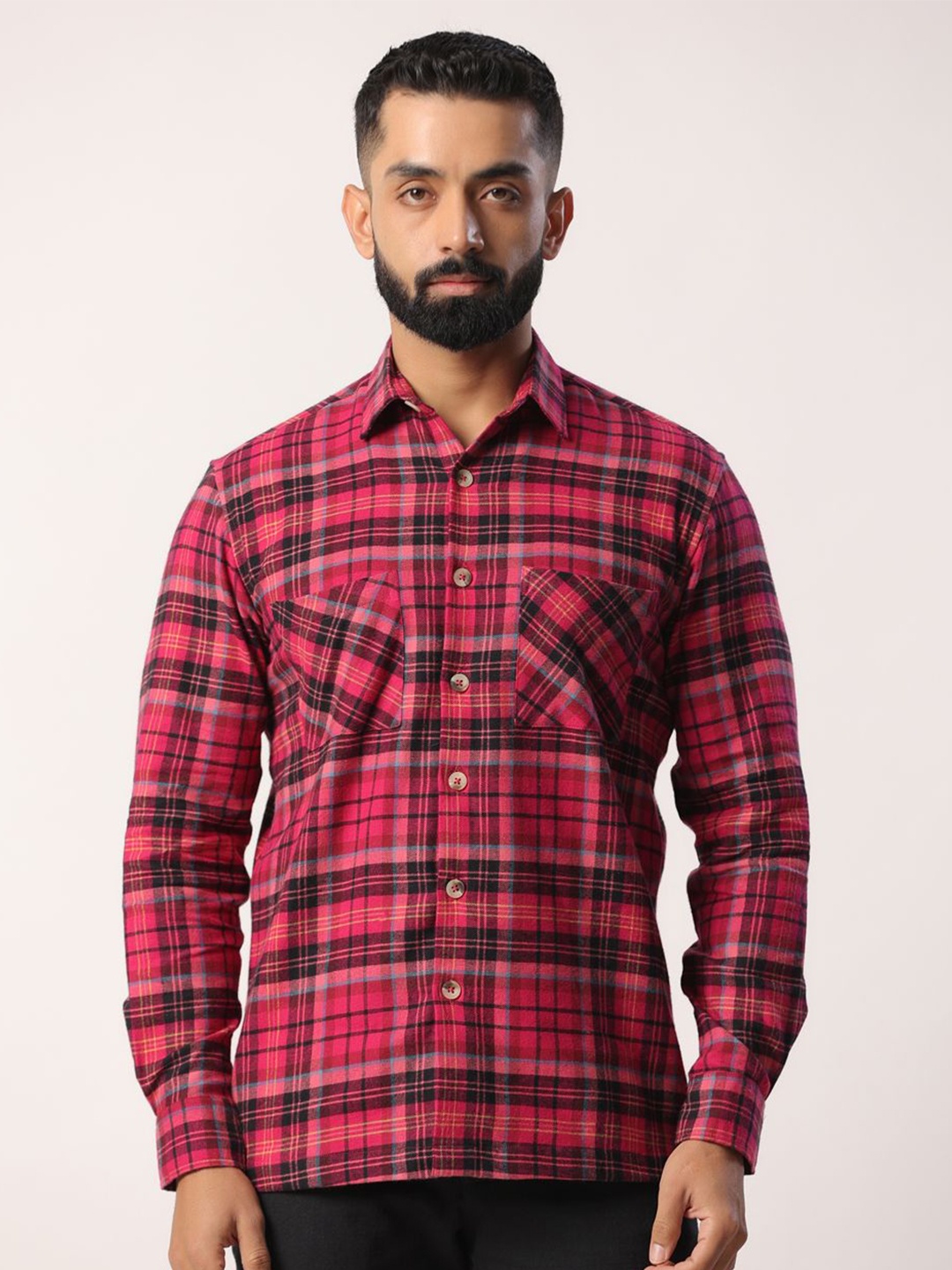 

Tistabene Men Standard Spread Collar Tartan Checked Cotton Casual Shirt, Pink