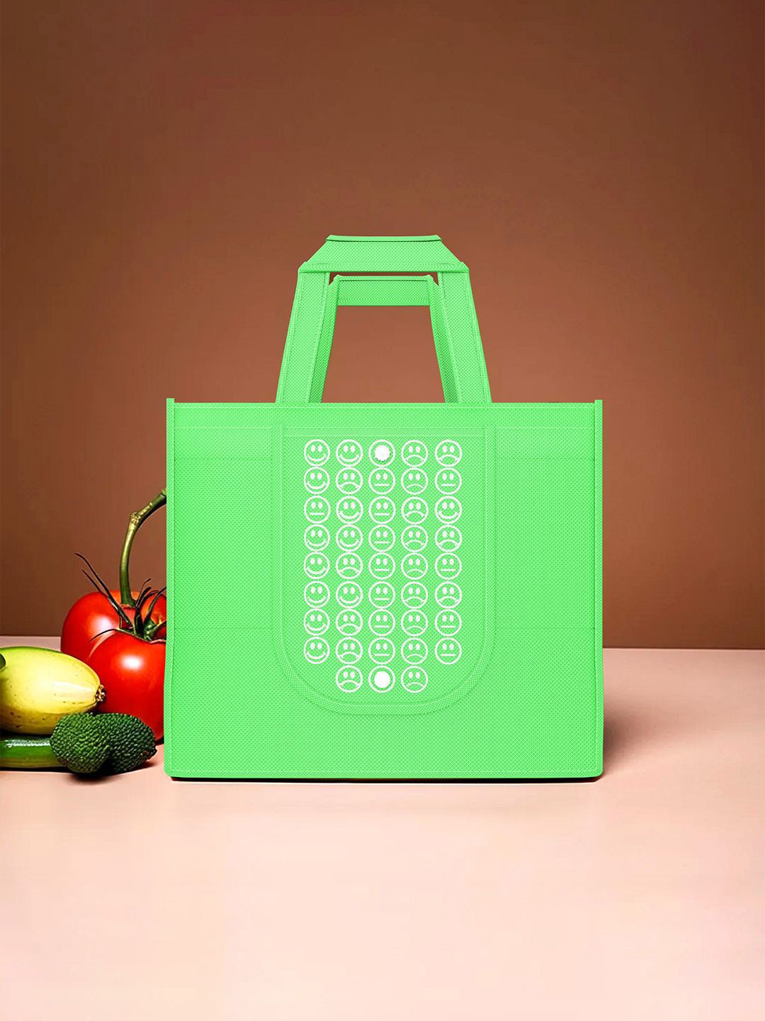 

Kuber Industries Set of 4 Smiley Printed Lightweight Foldable & Reusable Shopping Bags, Green