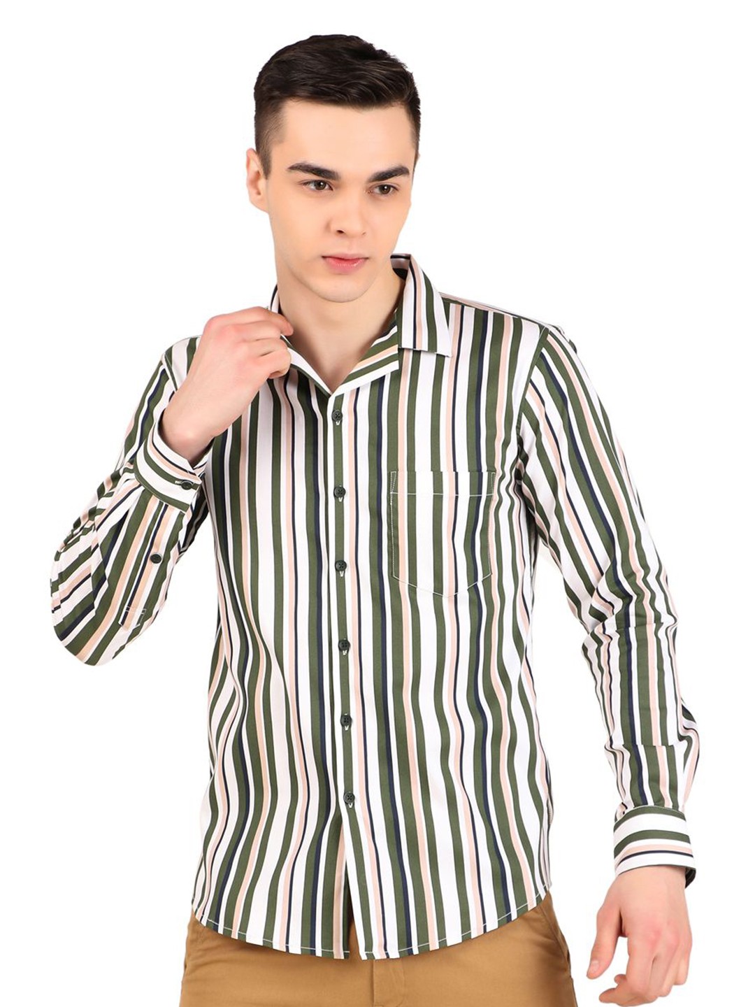 

DESIGN UP Men Relaxed Cuban Collar Multi Striped Cotton Slim Fit Casual Shirt, Green