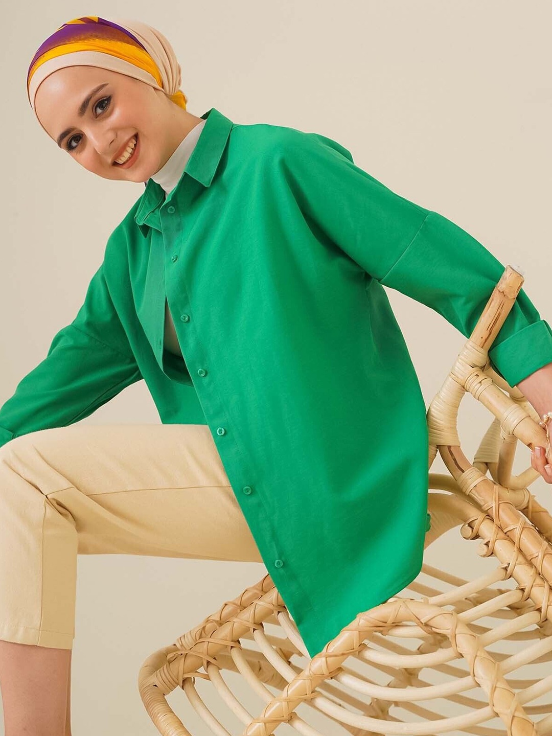 

BIGDART Women Spread Collar Solid Casual Shirt, Green