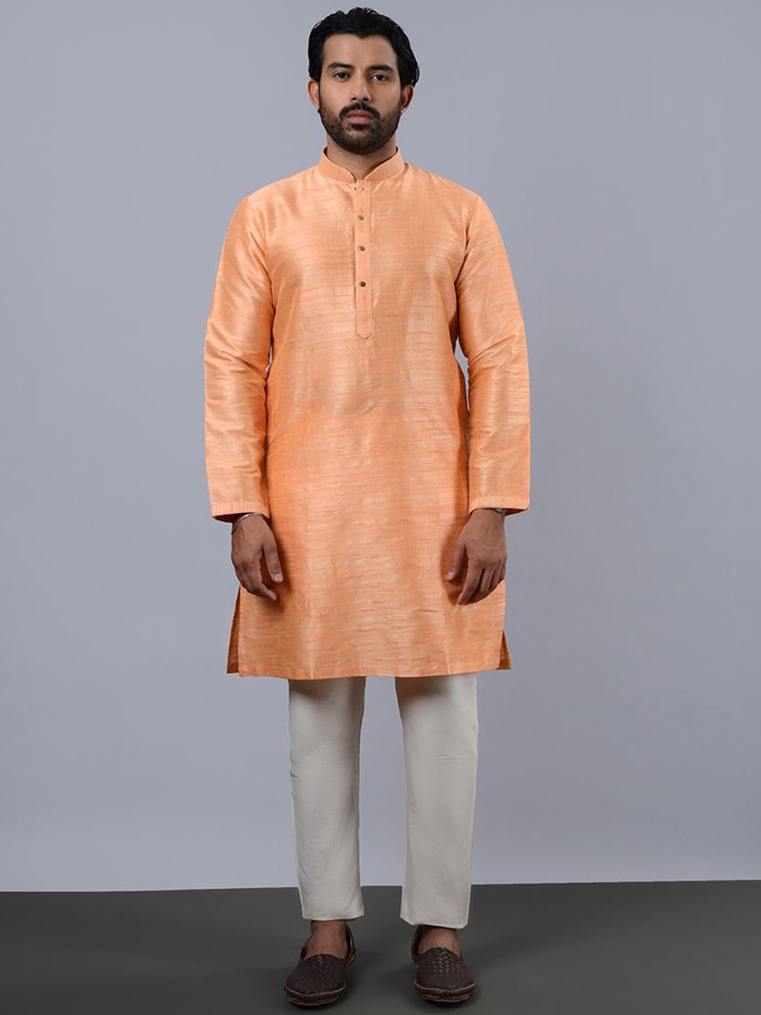 

azania Self Design Mandarin Collar Straight Kurta with Pyjamas, Peach