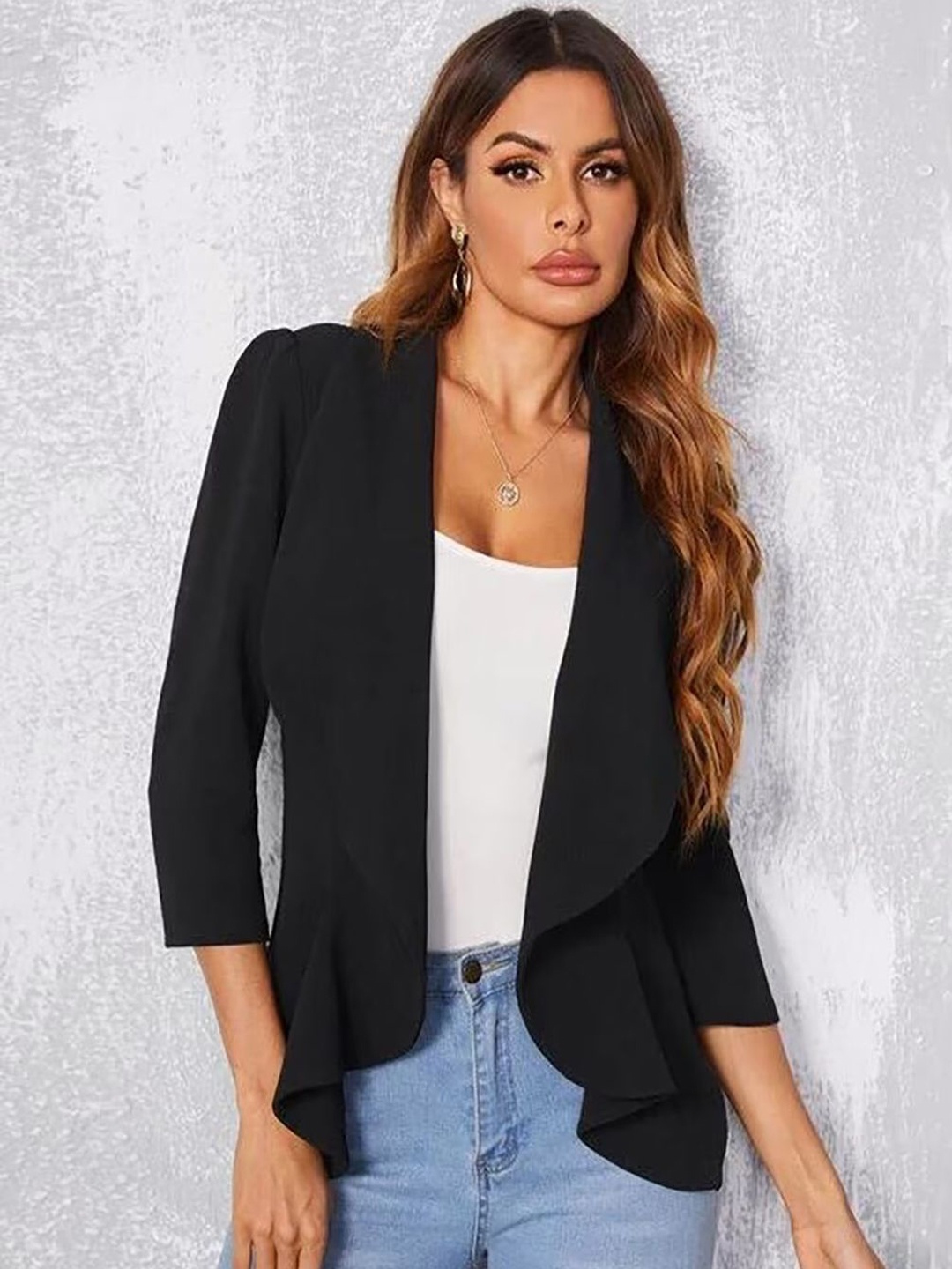 

BUY NEW TREND Shawl Collar Sleek Open Front Blazer, Black