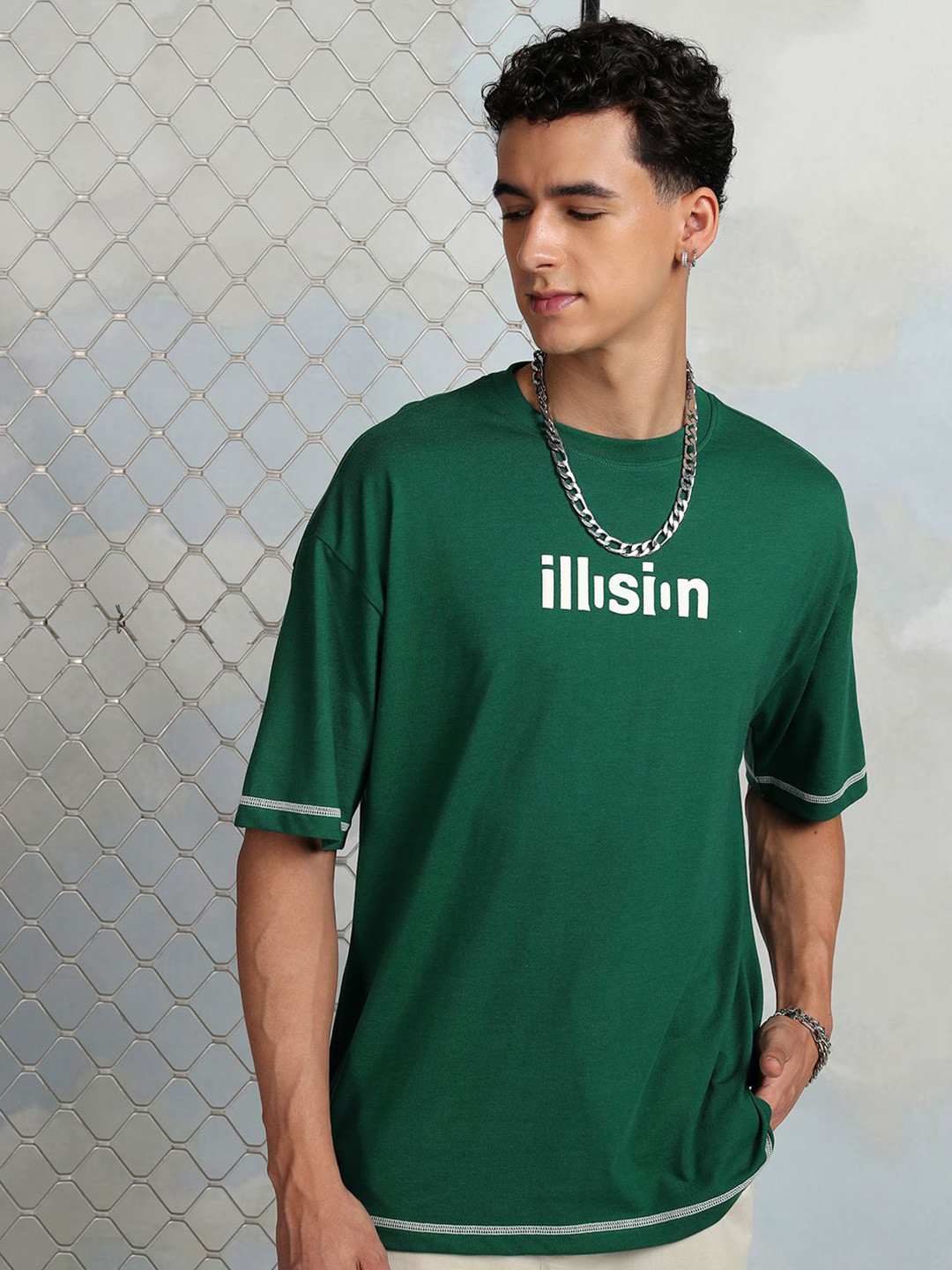 

HIGHLANDER Typography Printed Round Neck Cotton Oversized T-shirt, Green